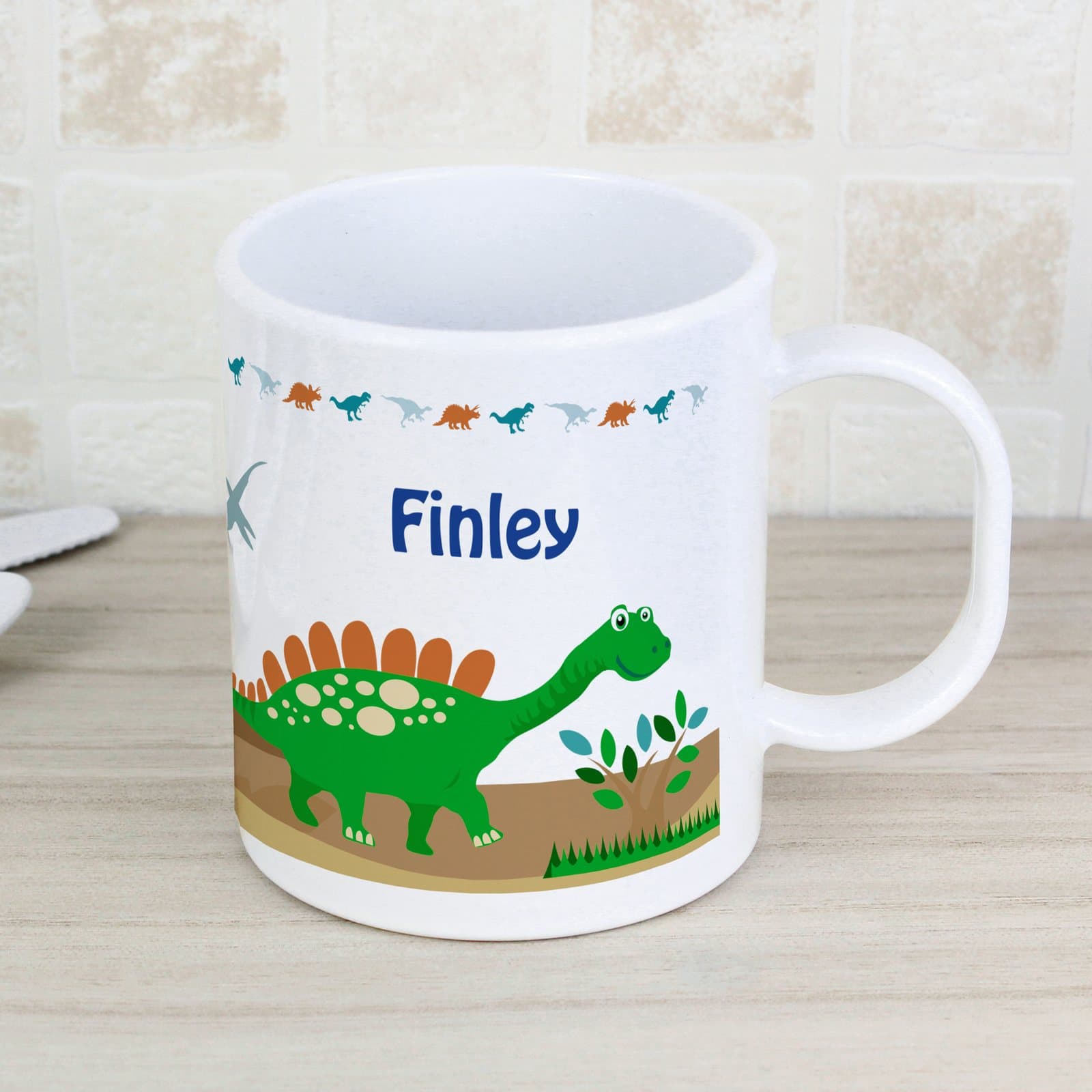 Dinosaur plastic mug for children, personalised with a name on the front