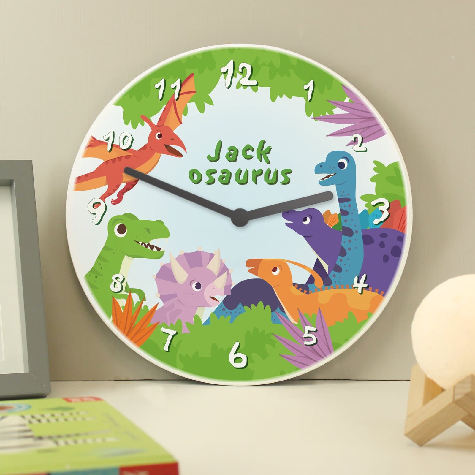 Personalised bright dinosaur wooden children's clock