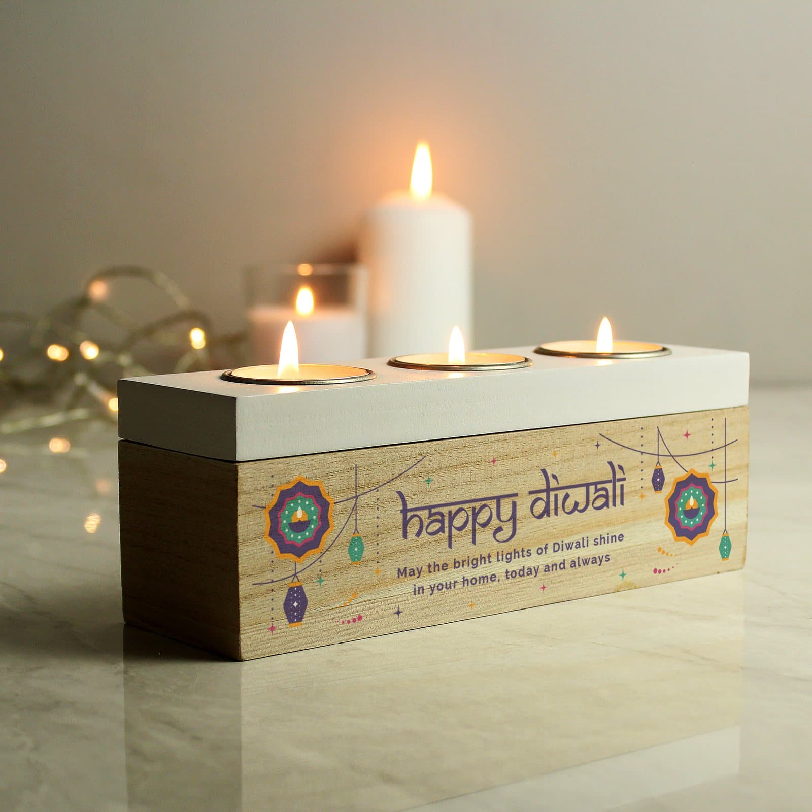 Wooden tealight box for Diwali with Happy Diwali and personalised message lines