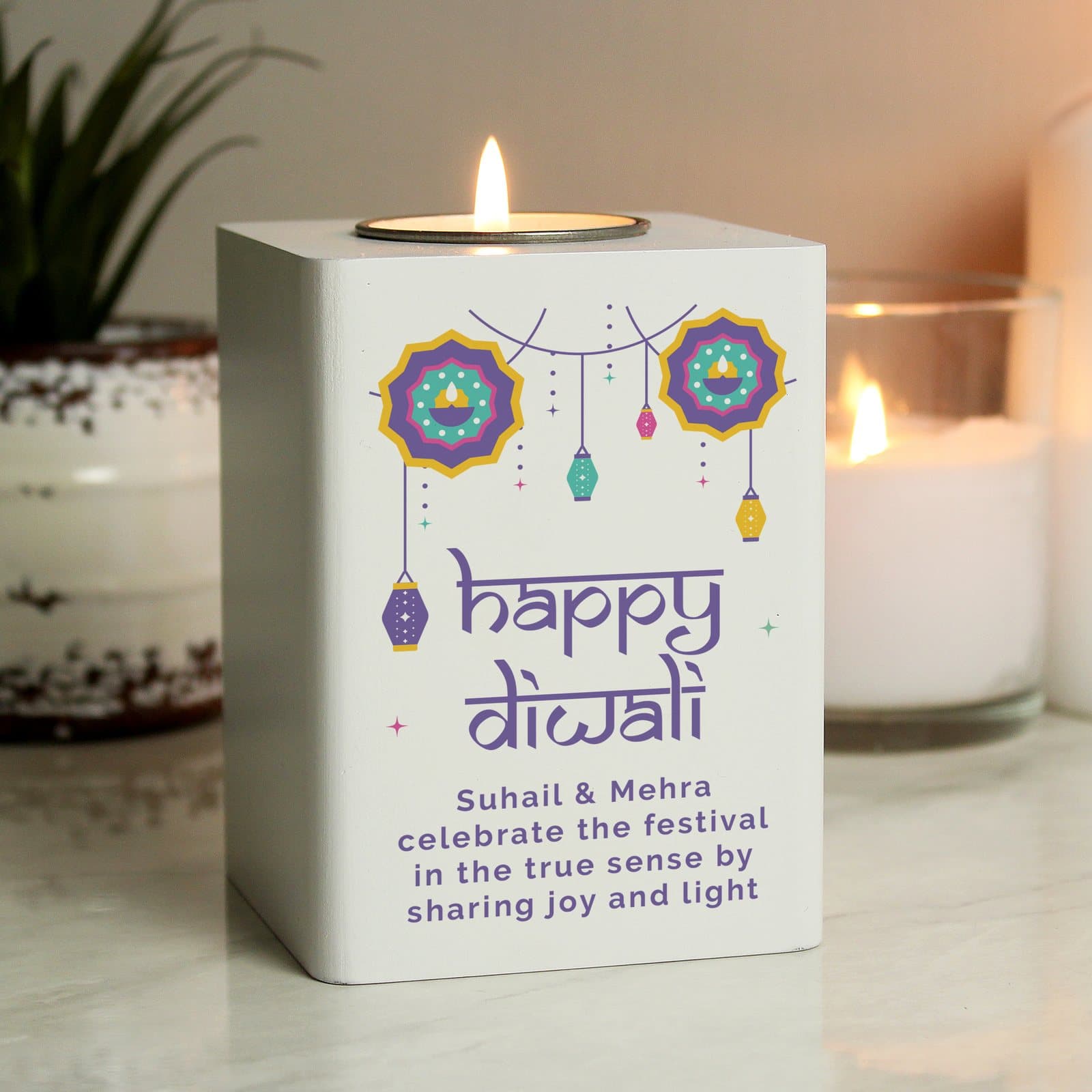 Personalised painted wooden Diwali tealight holder