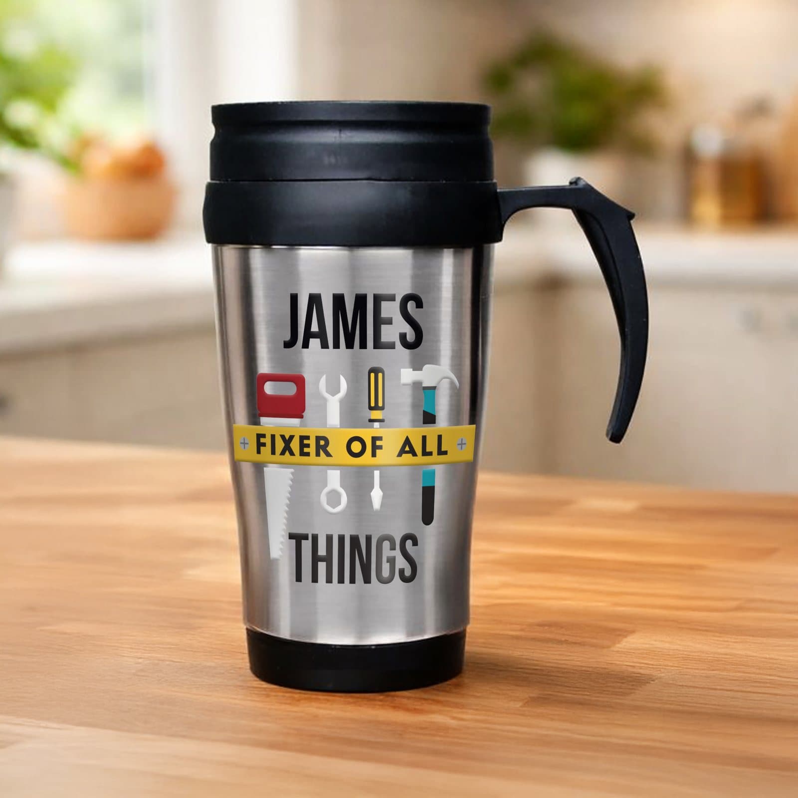 Stainless steel DIY travel mug with a plastic handle and lid