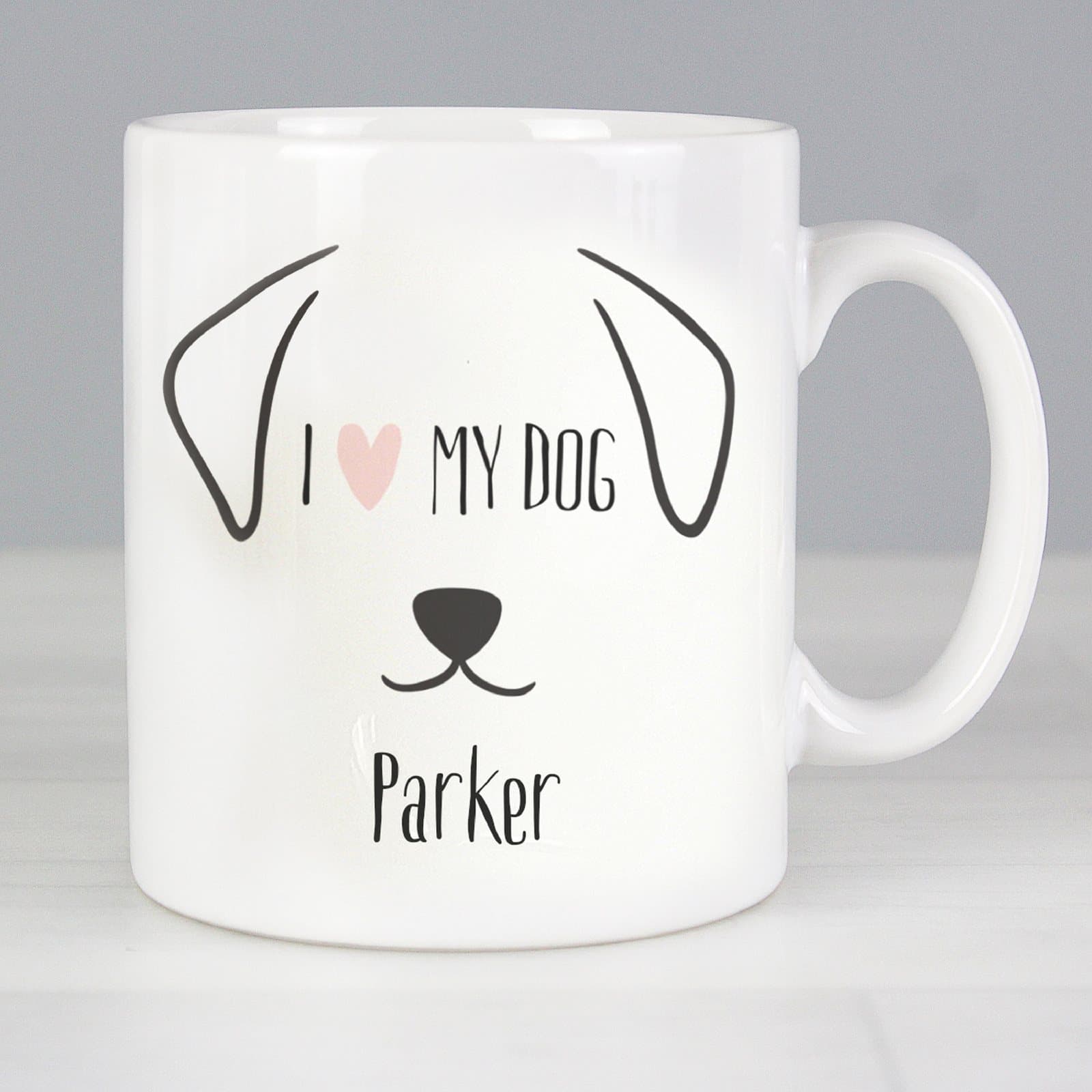 Ceramic mug with I heart MY DOG and a personalised name on the front