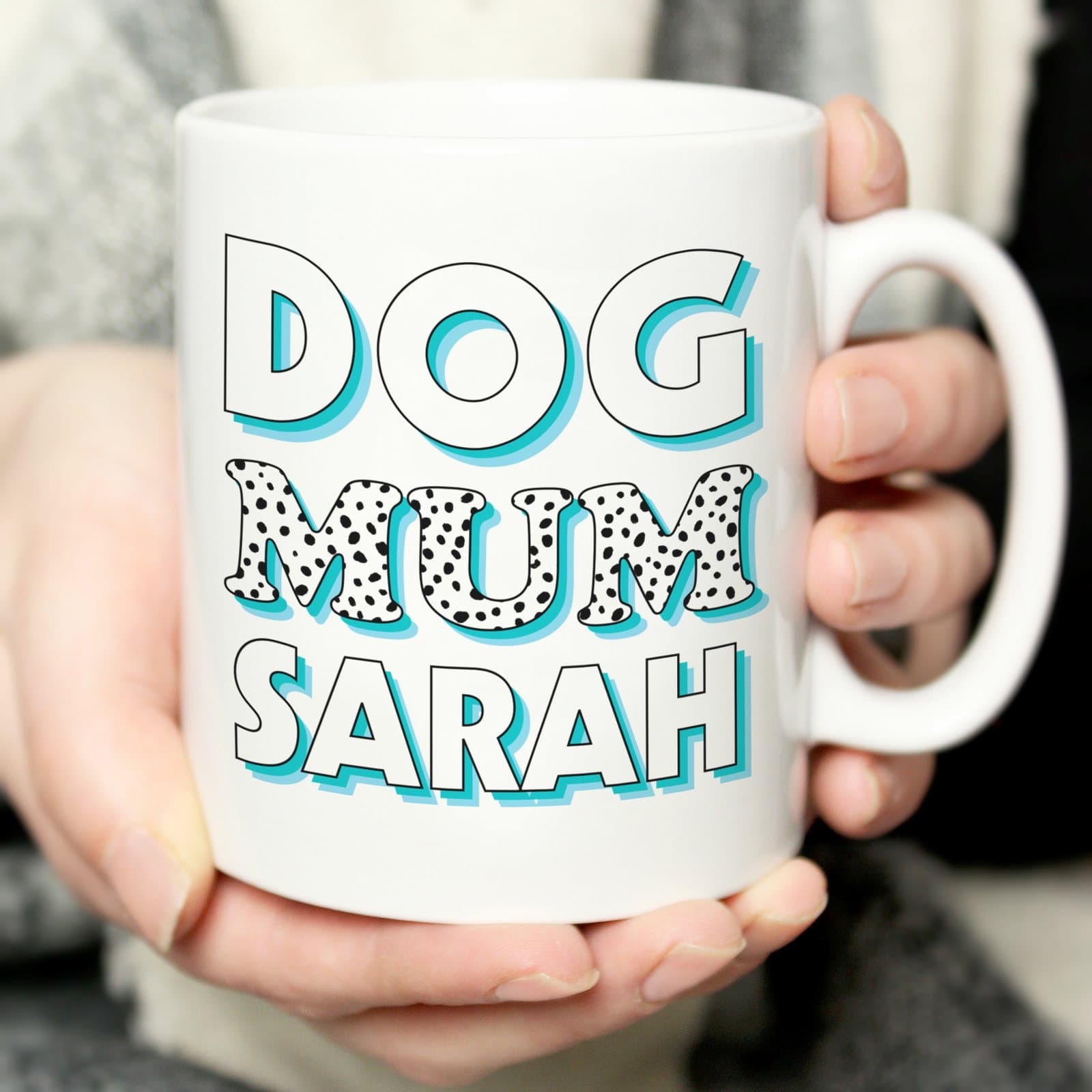 Ceramic dog mum mug with spots design and a personalised name