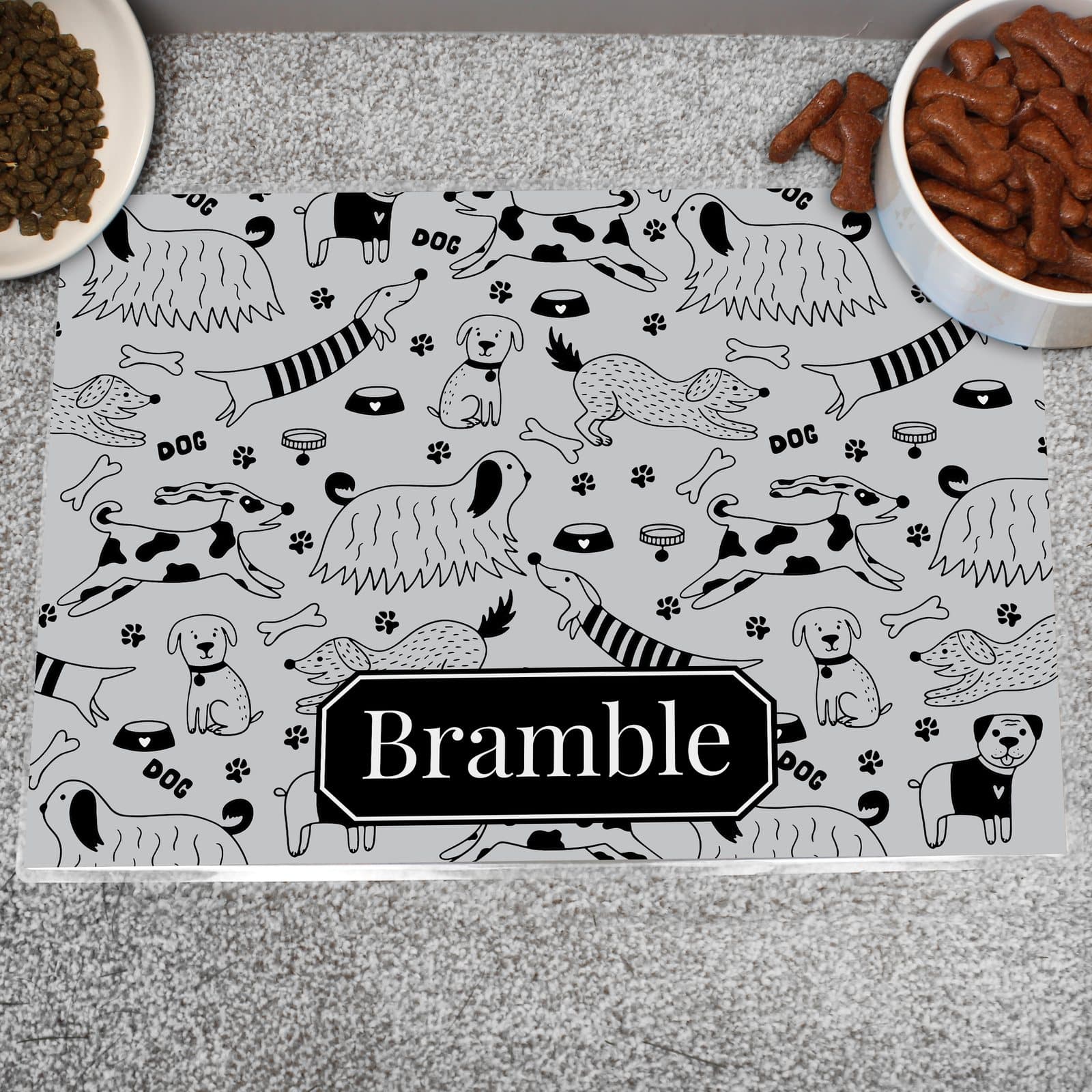 Personalised laminated dog print pet bowl mat