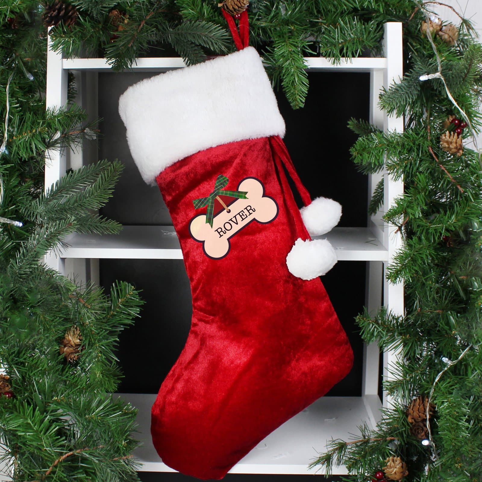 Red velvet dog treats Christmas stocking with white cuff