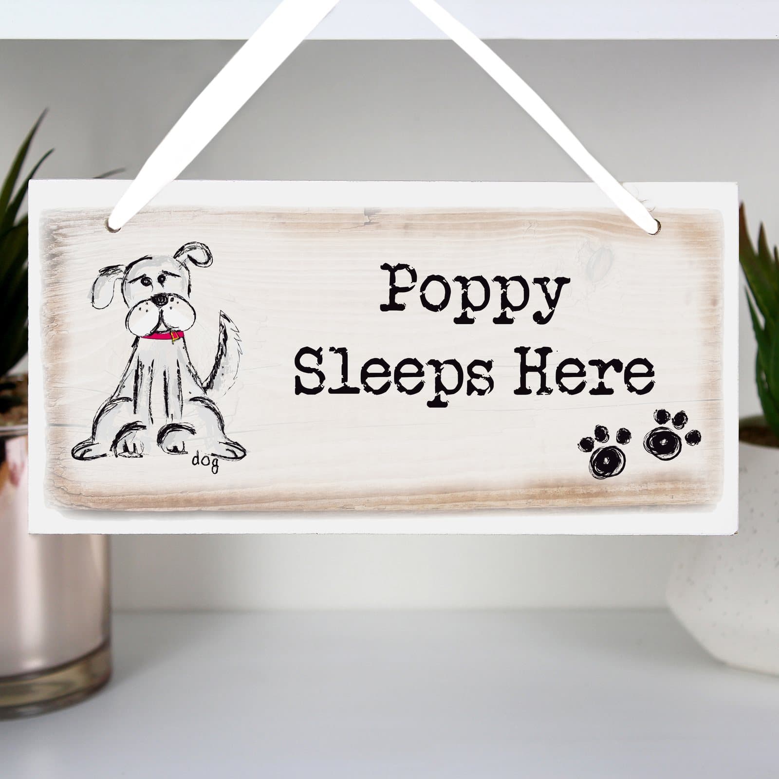 Personalised wooden dog sign with ribbon