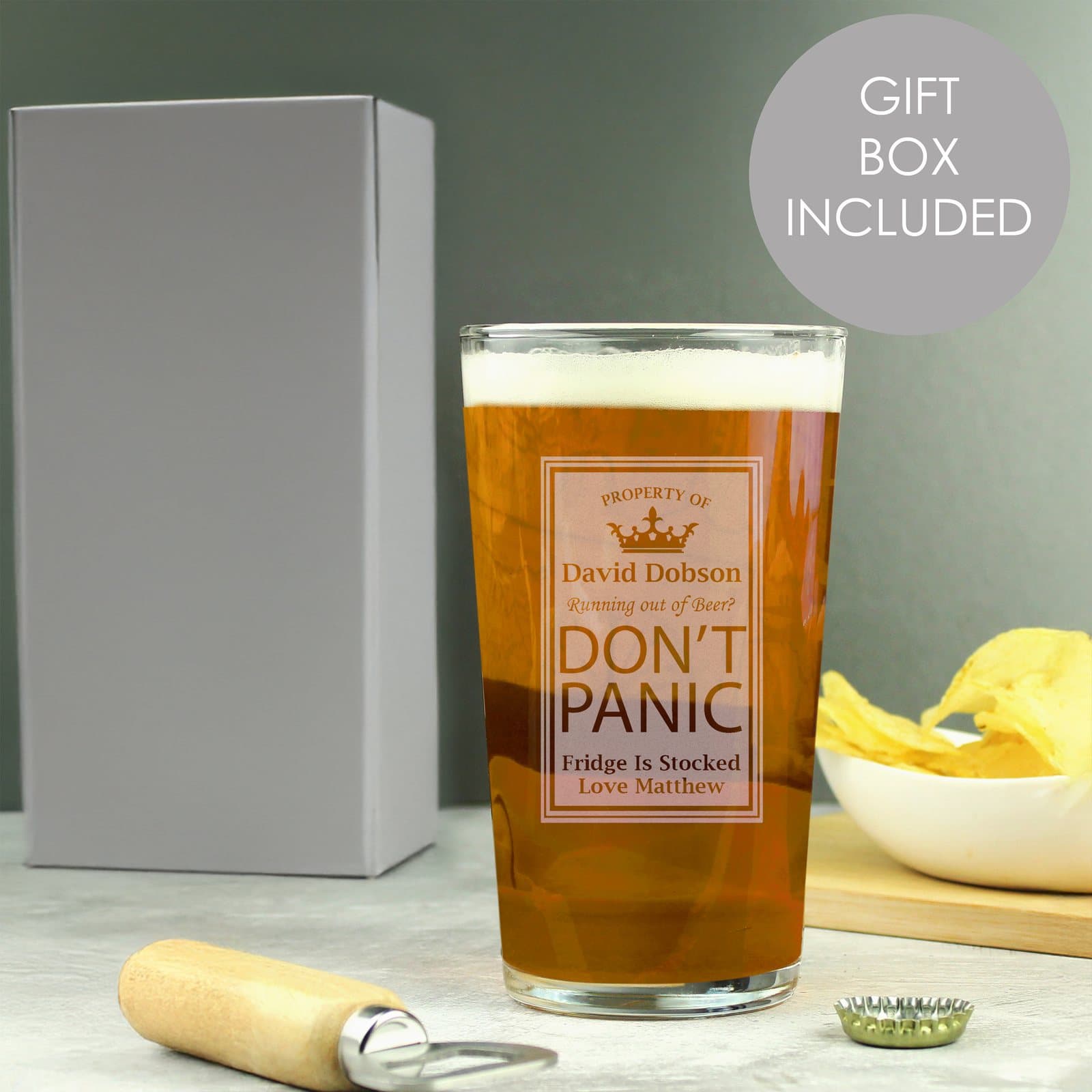 Don't Panic pint glass personalised with a name and message