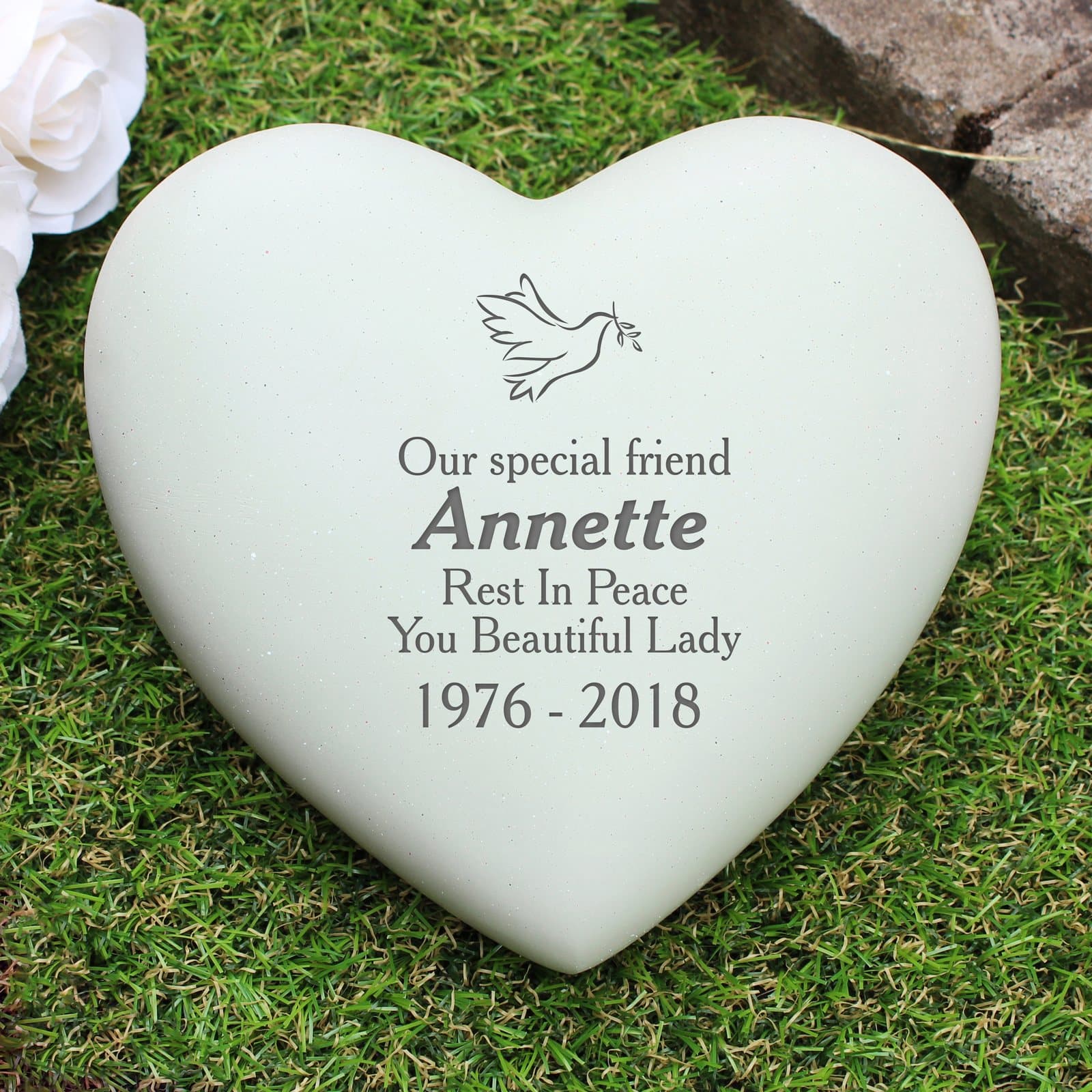 Resin heart memorial with a dove design and personalised lines of text