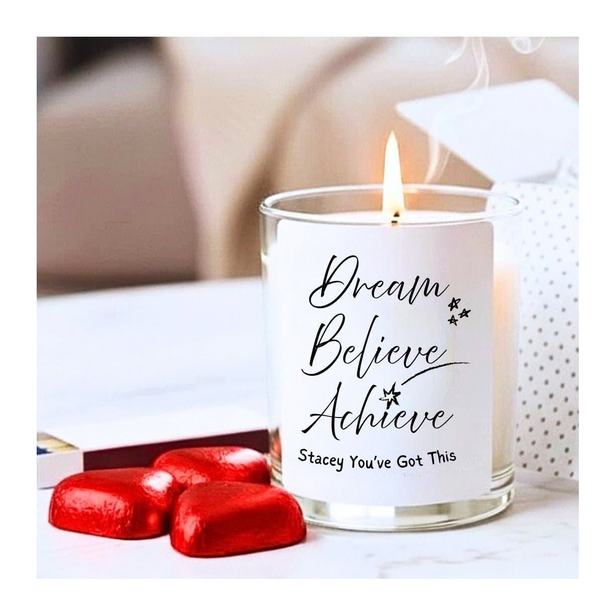 Dream Believe Achieve candle with chocolate hearts and matches in a gift box
