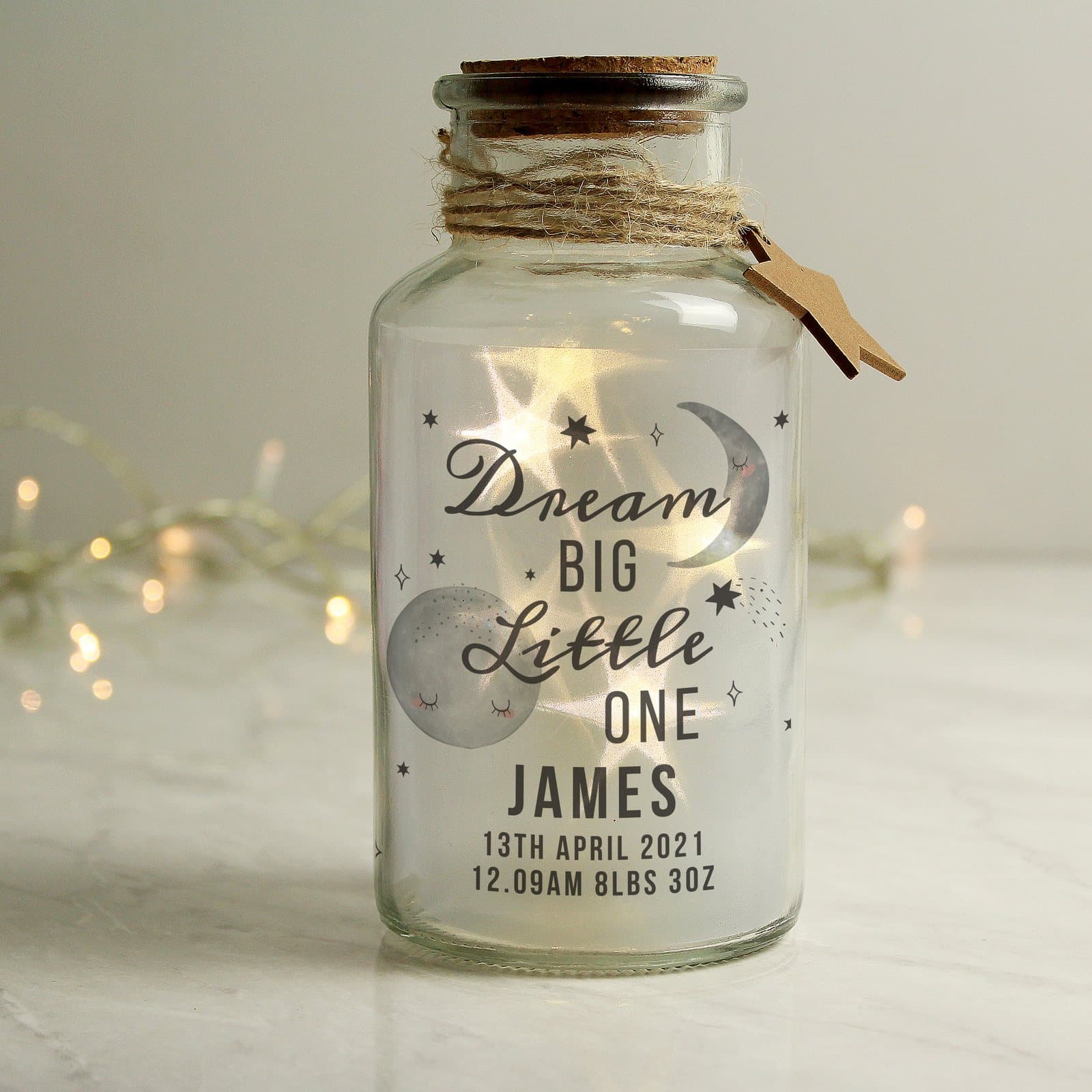 Glass LED jar with the words Dream Big Little One and personalised lines