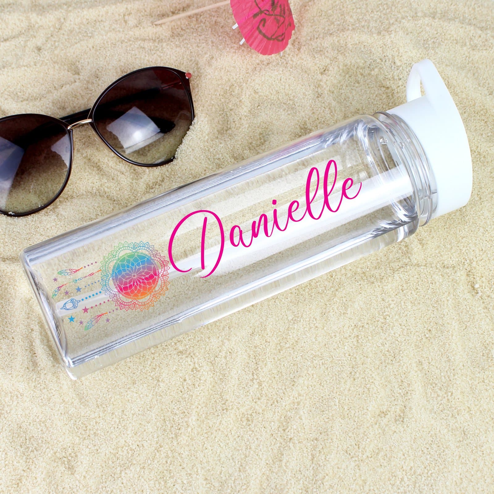 Personalised dream catcher water bottle with white lid and straw