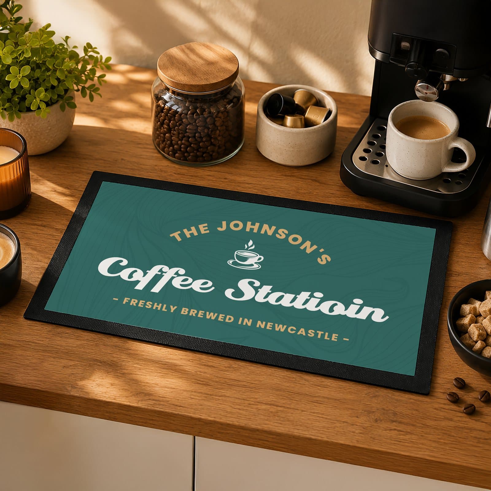 Green drinks station mat personalised with three lines of text