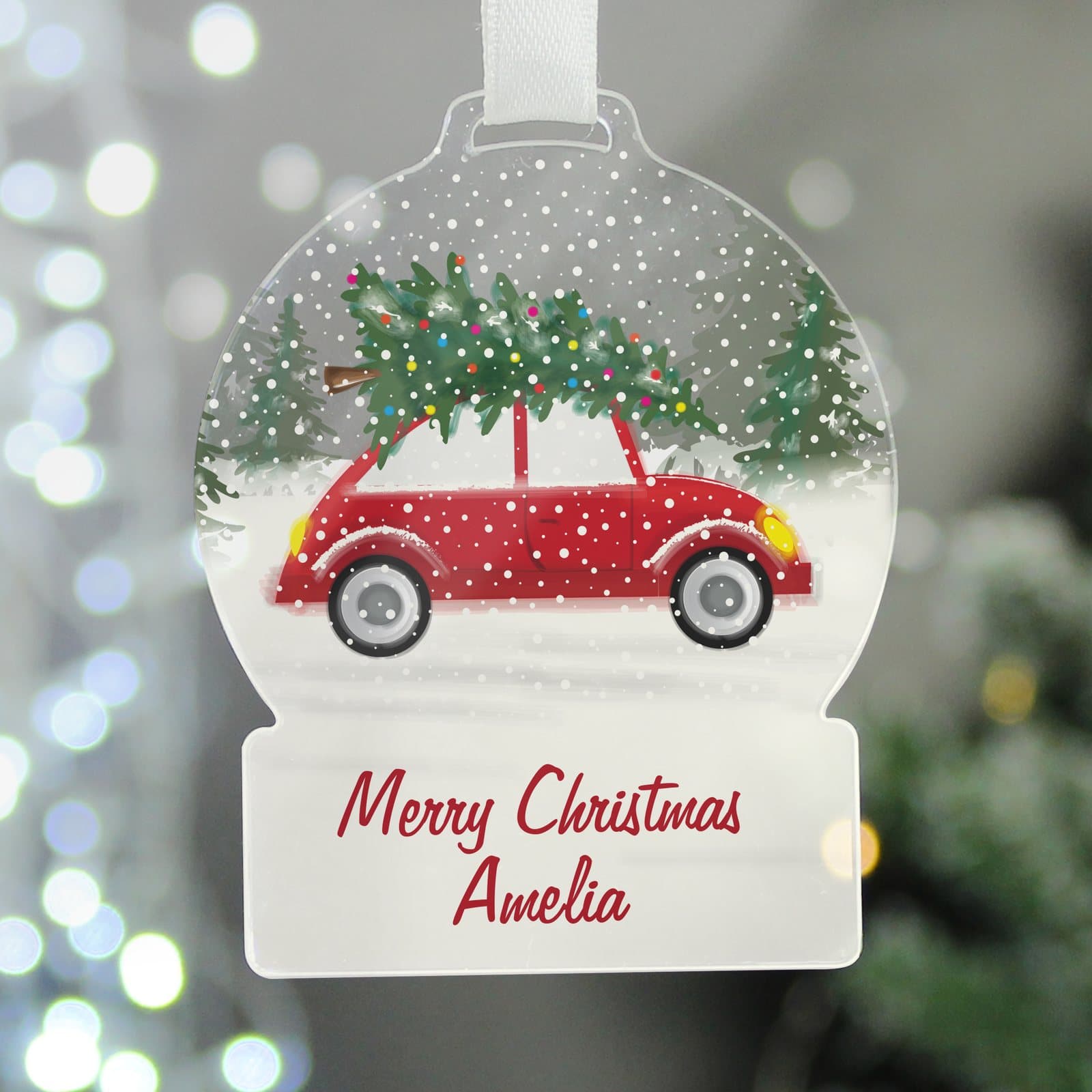 Acrylic snow globe shaped Christmas decoration with white ribbon and personalised text