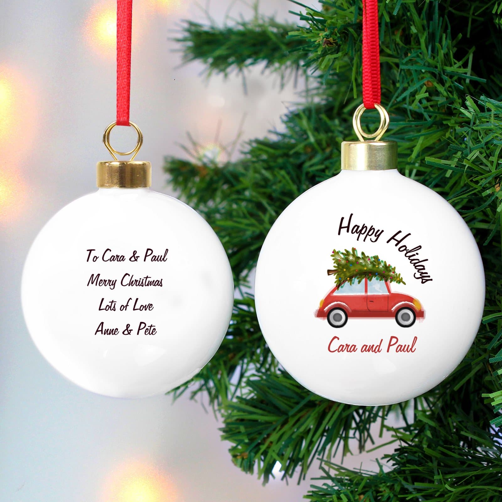 Driving Home For Christmas bauble with a ribbon, personalised with text