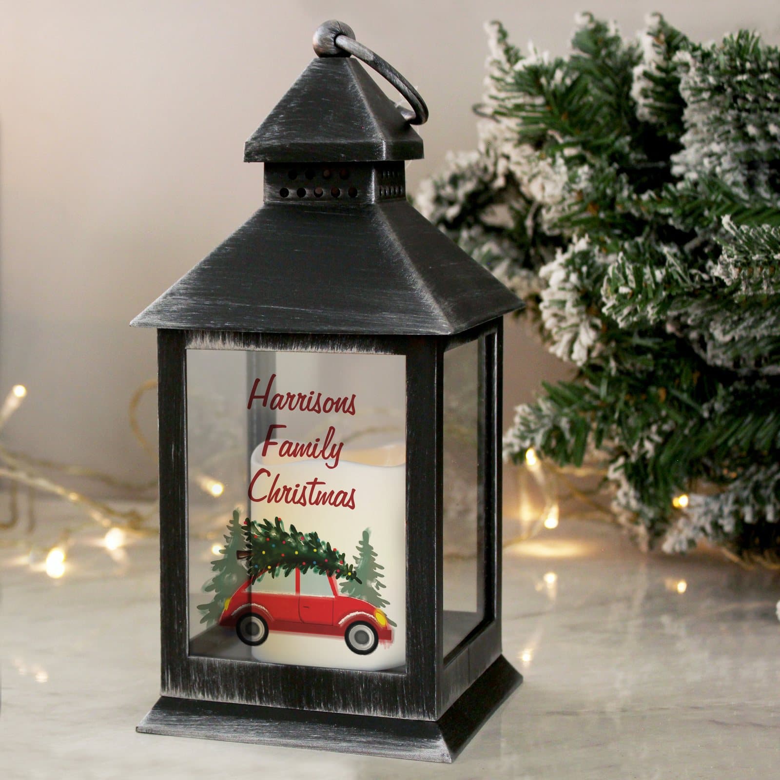 Rustic black light up lantern with a three-line message and warm orange flame effect