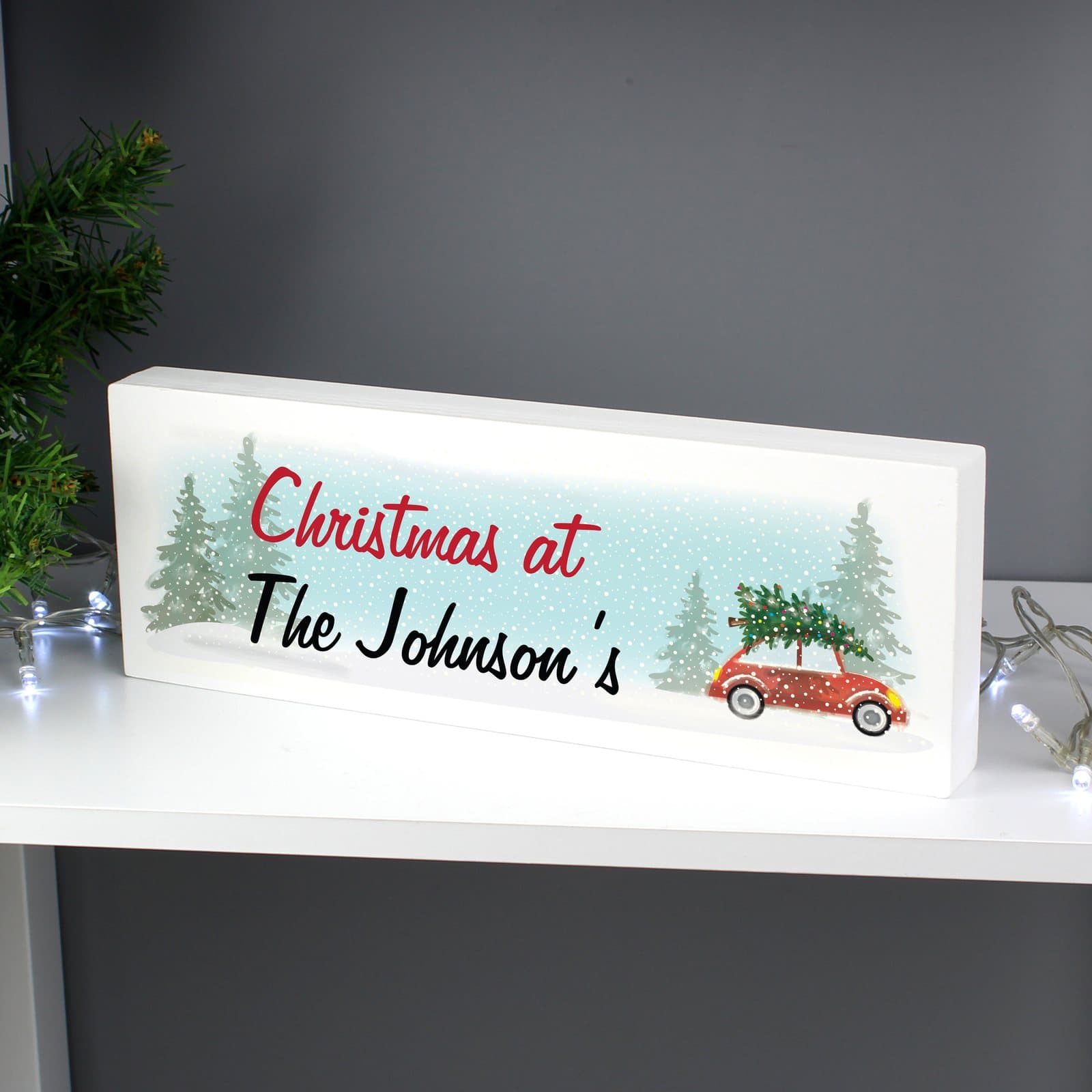 Solid wood block sign with a personalised Driving Home For Christmas message