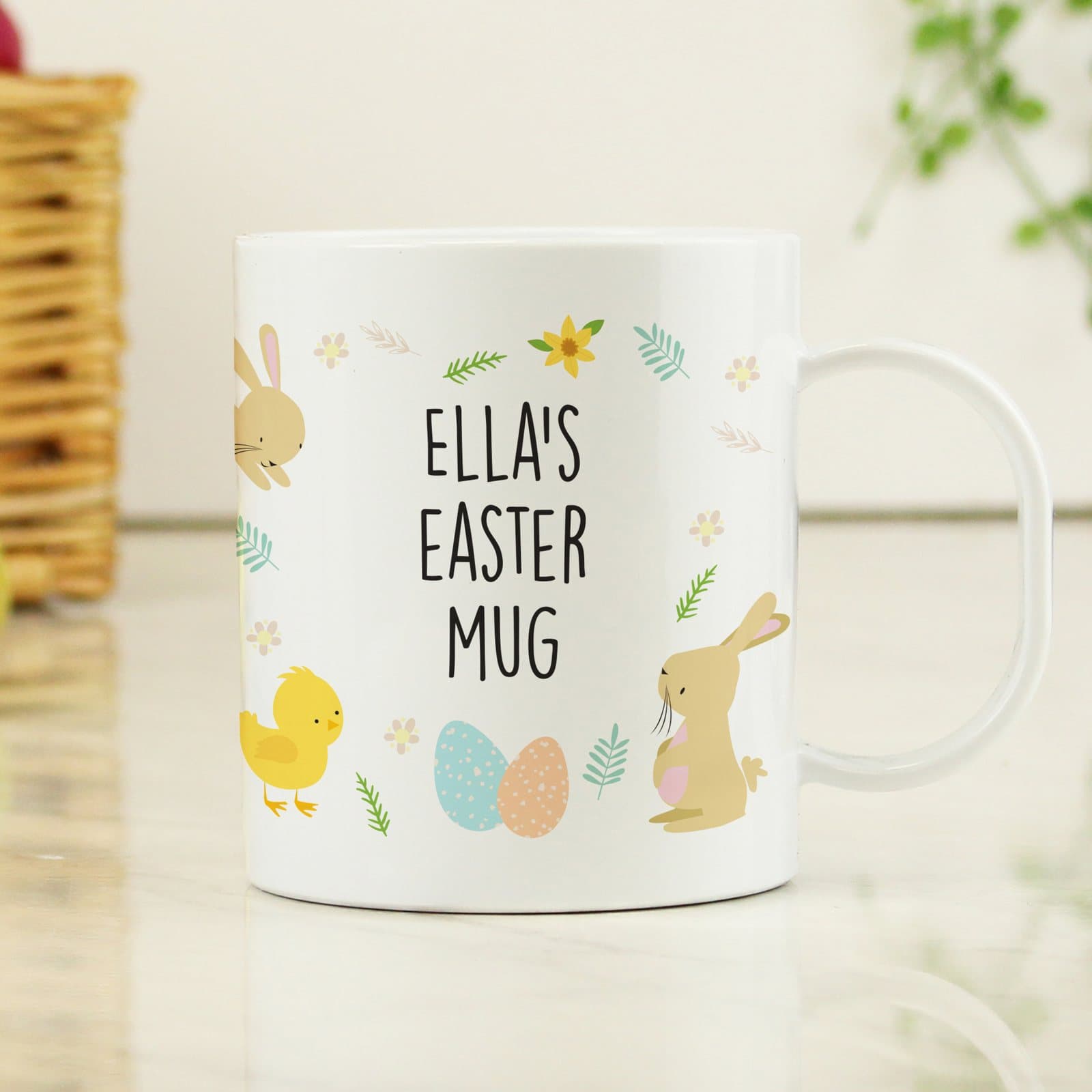 Personalised Easter bunny and chicks plastic mug with three lines of text