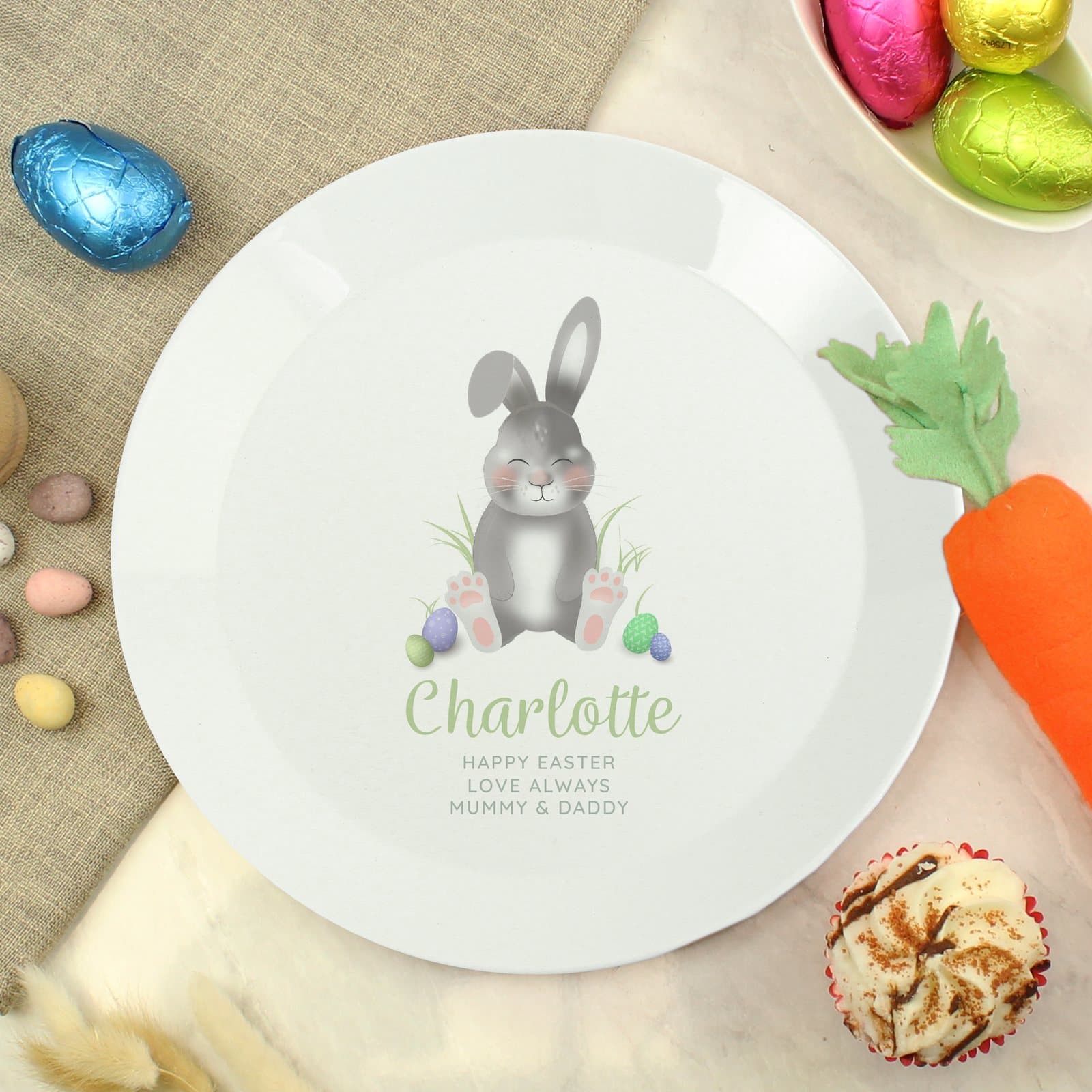 Easter bunny plastic plate personalised with a name and message