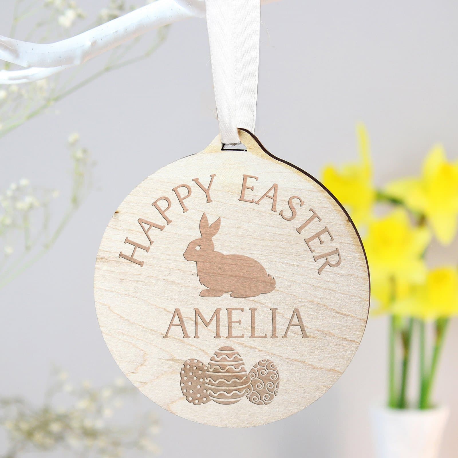 Round wooden Easter bunny decoration with personalised text and ribbon