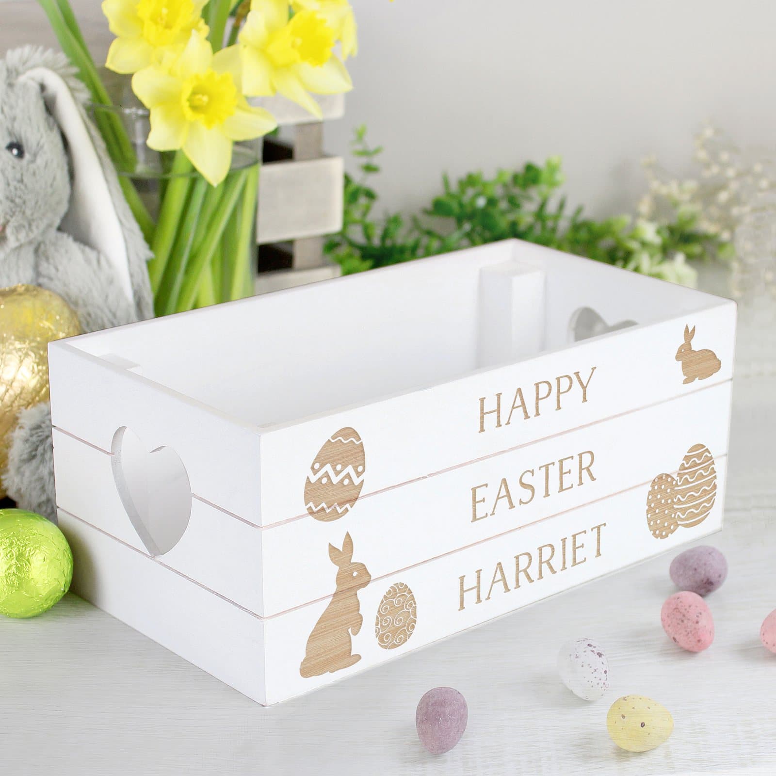 Small reclaimed wood Easter crate with heart shaped handles and personalised text