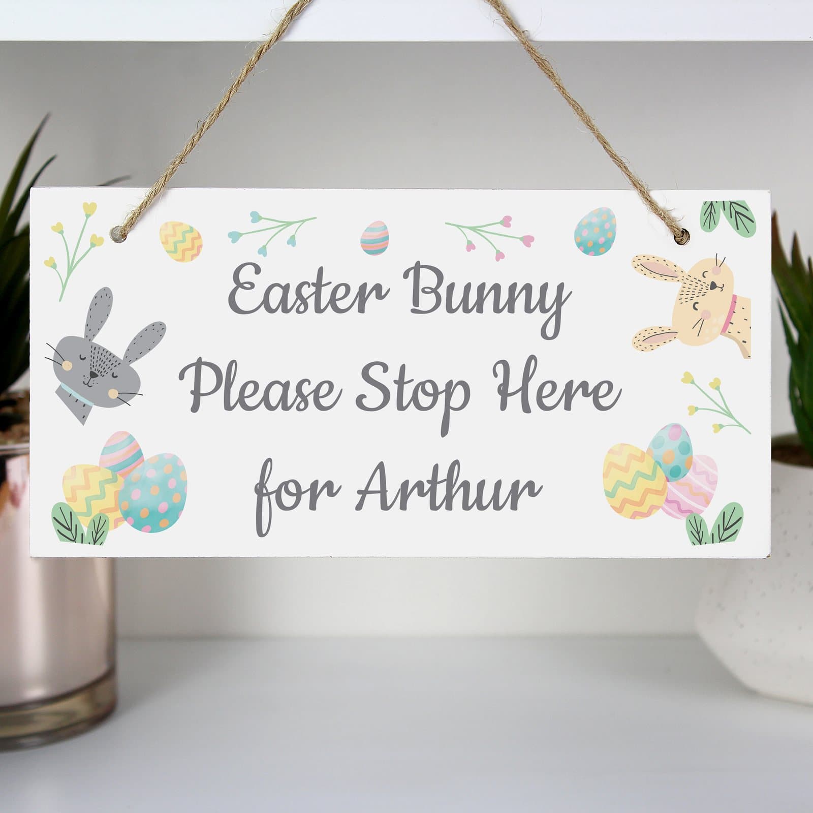 Wooden Easter sign reading Easter Bunny Please Stop Here with ribbon