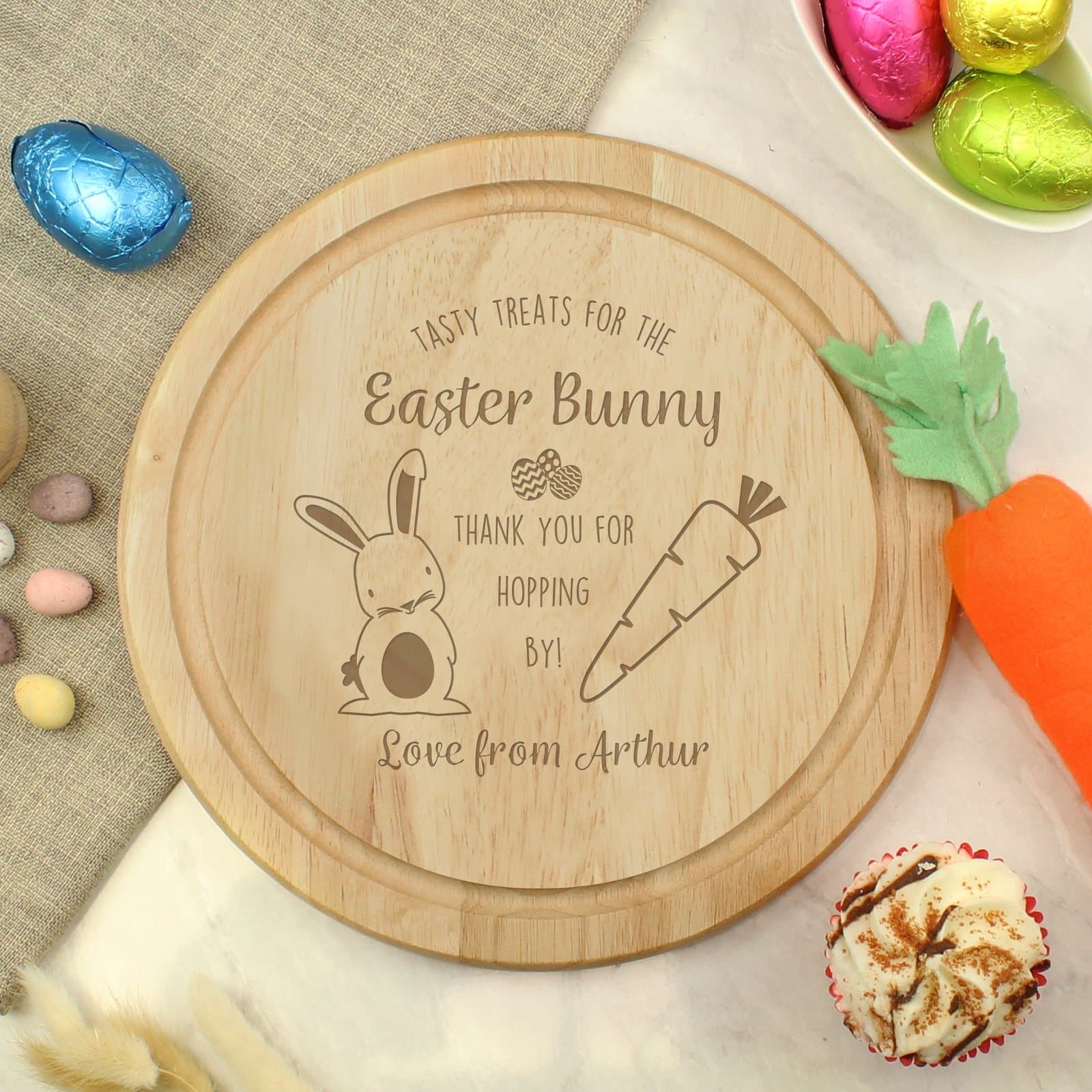 Easter bunny treat board with thank-you text and a personalised line