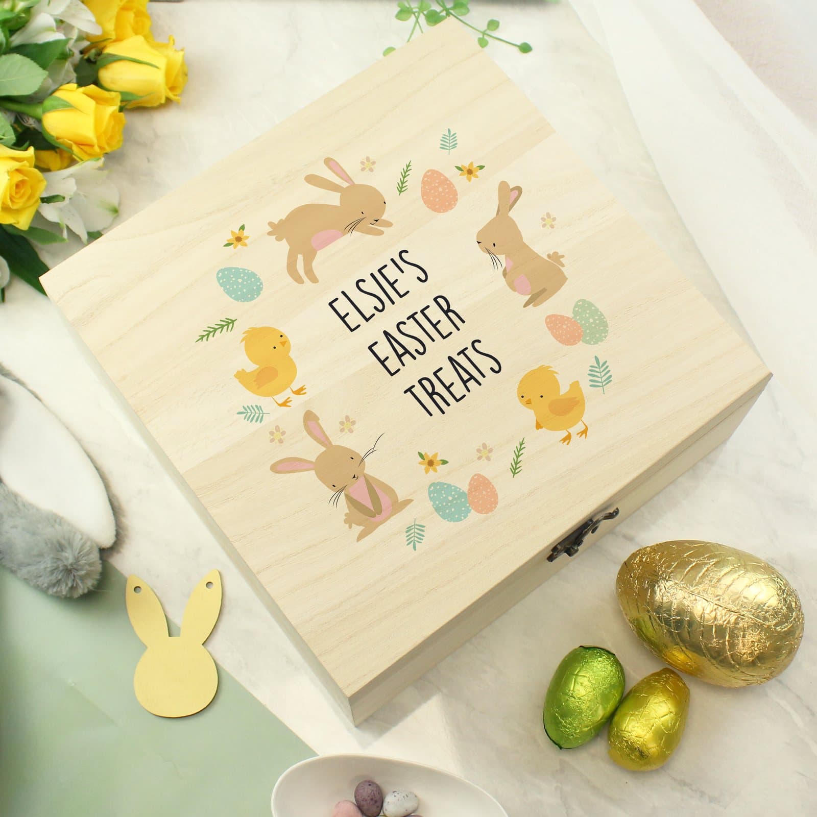 Wooden Easter treat box with metal clasp and personalised lines of text