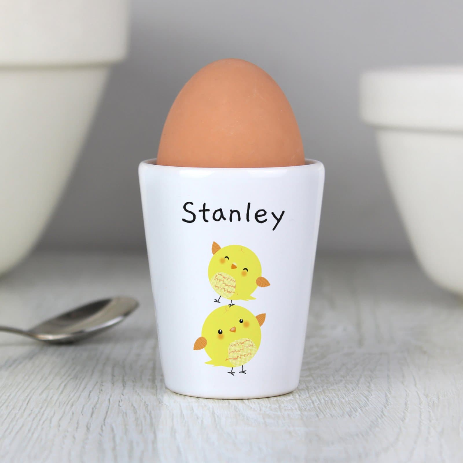 Ceramic Easter chicks egg cup personalised with a name