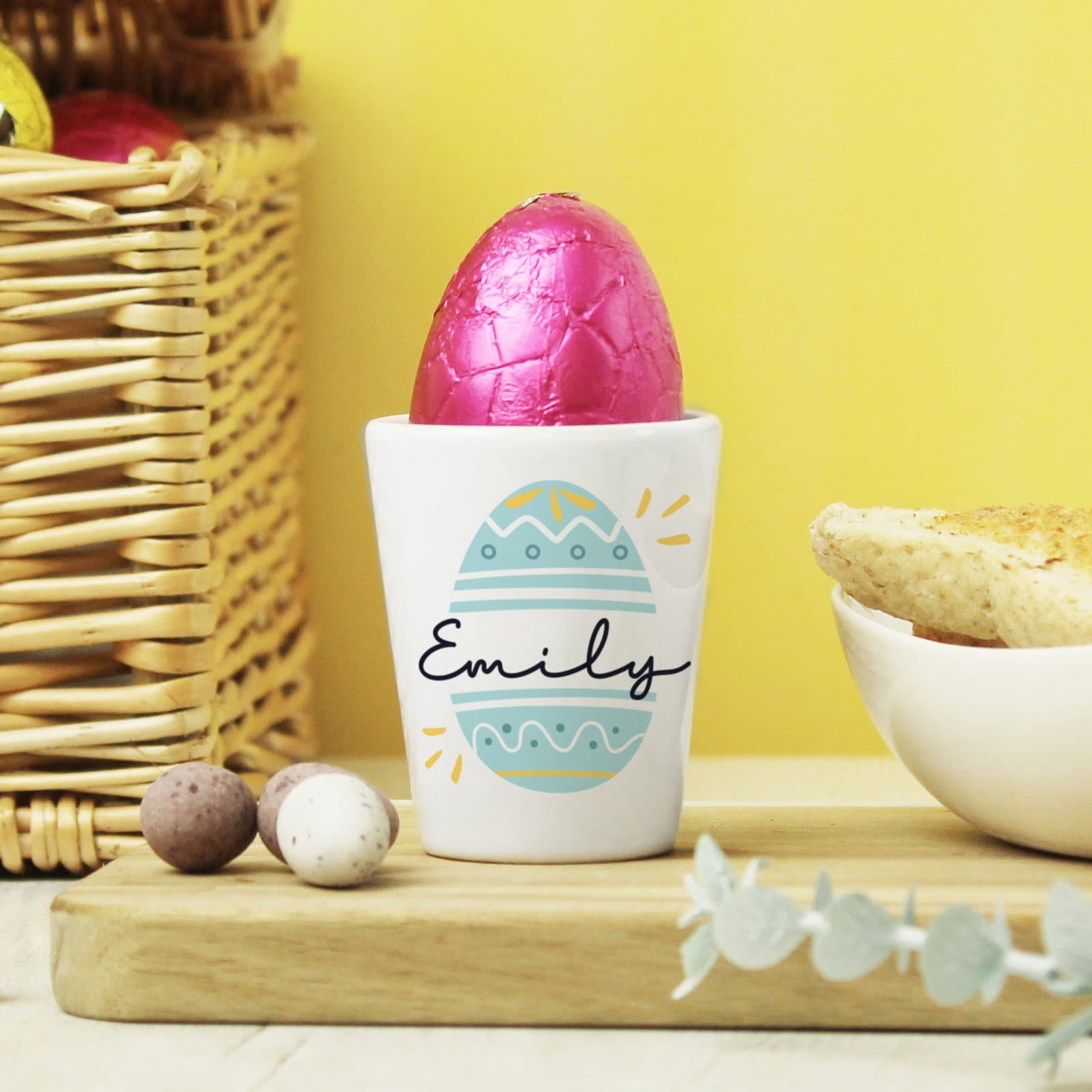 Ceramic Easter egg cup personalised with a name