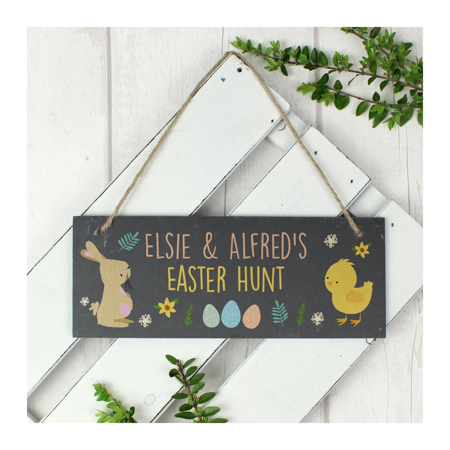 Rustic slate Easter egg hunt hanging sign with natural string