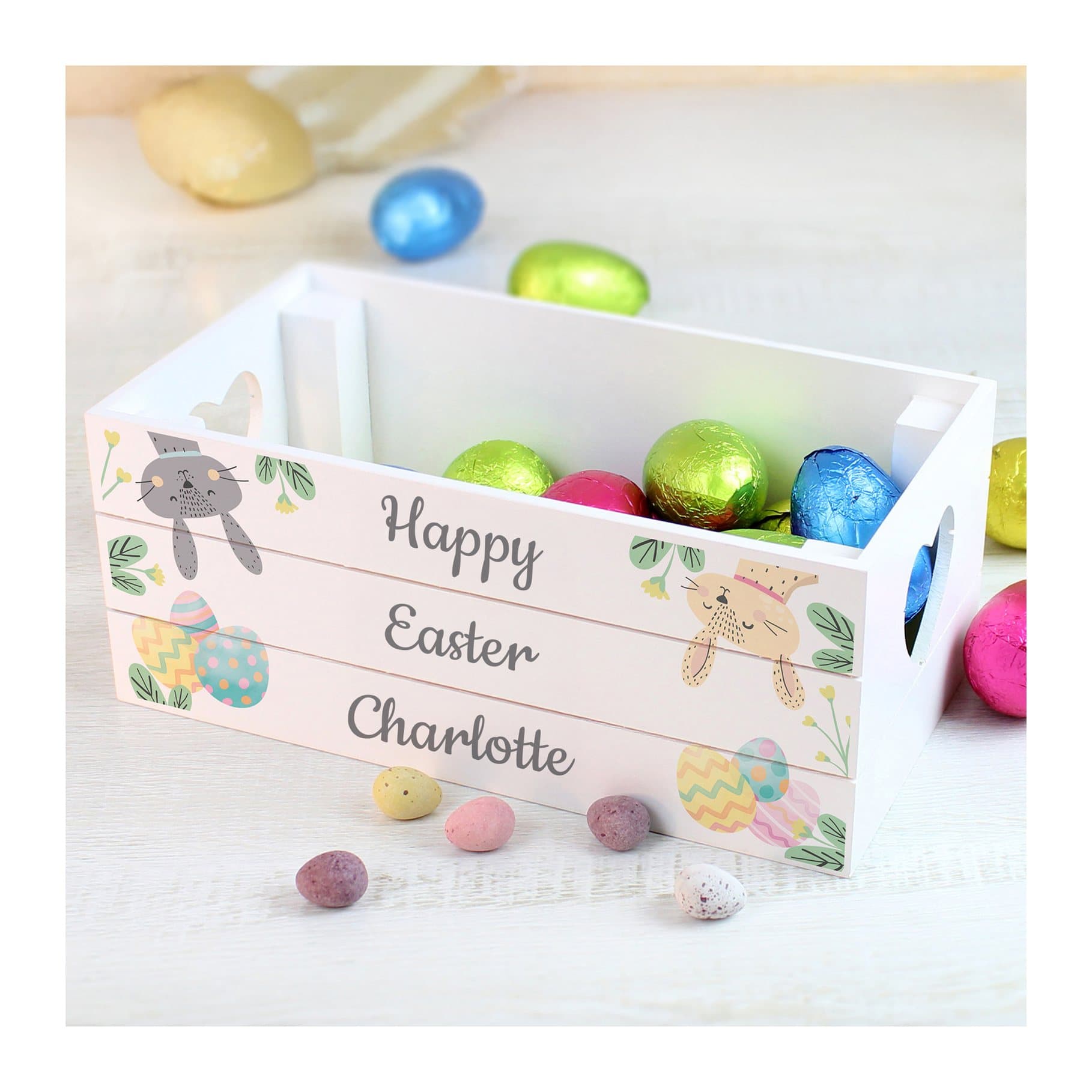 Small reclaimed wood Easter egg hunt crate with heart shaped handles