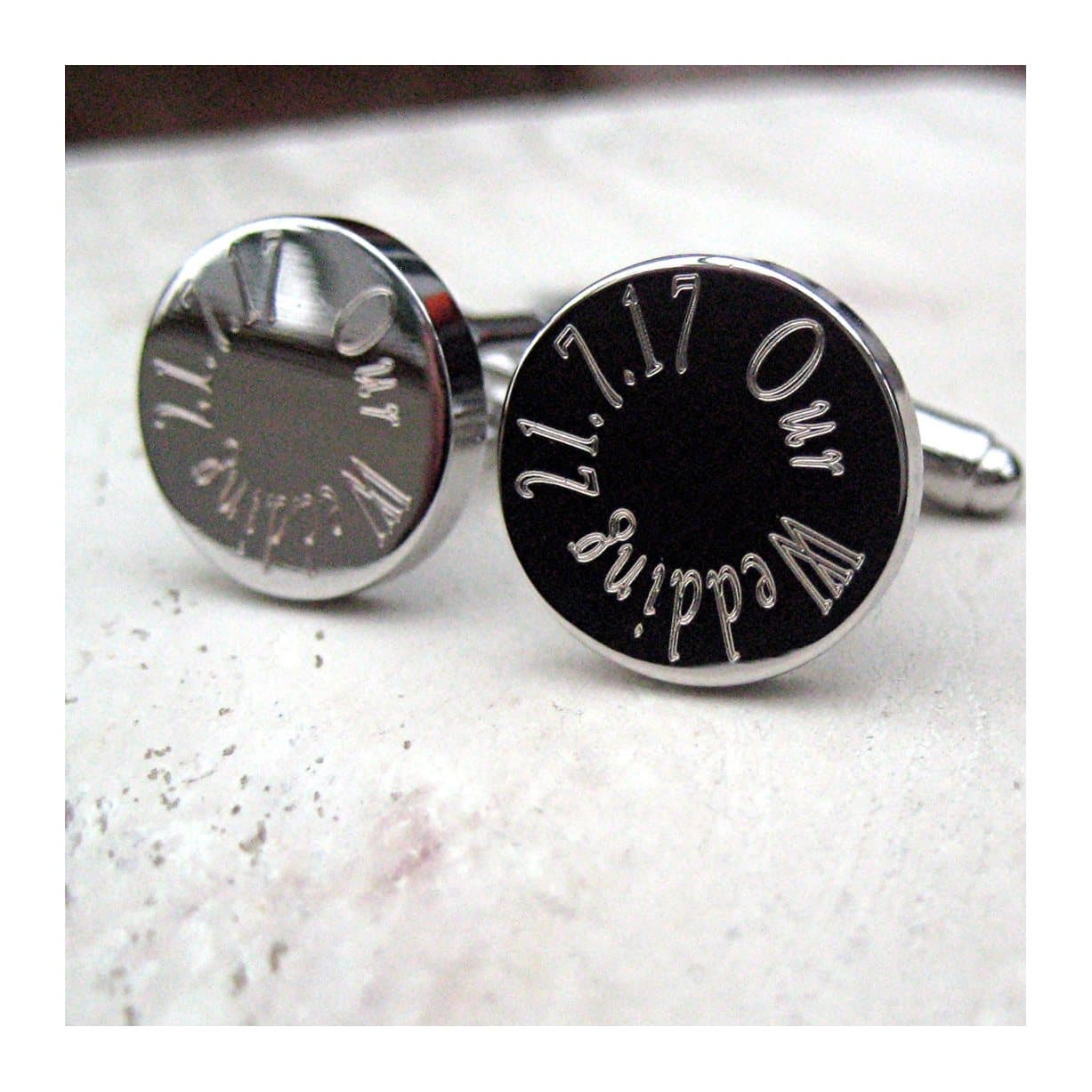 Personalised Edge round wedding cufflinks in silver coloured rhodium plate
