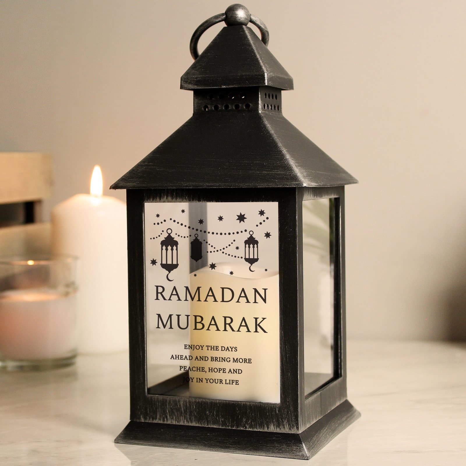 Black personalised Eid and Ramadan lantern with a flickering flame effect
