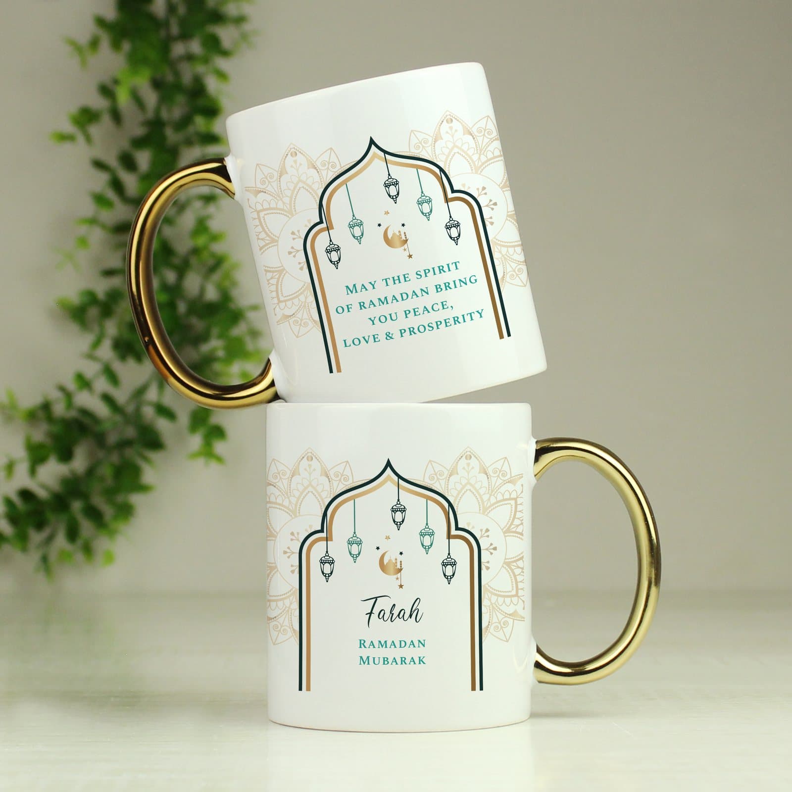 Ceramic Eid and Ramadan mug with a gold handle and personalised text
