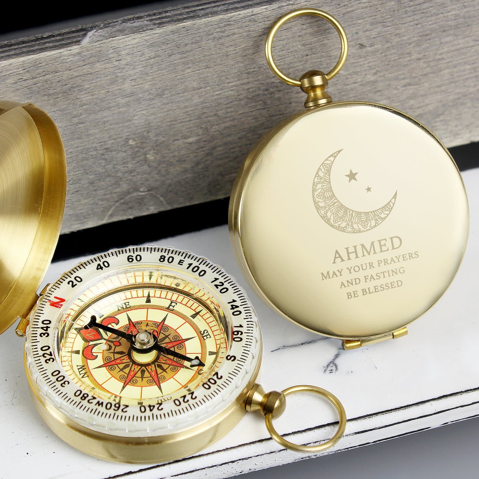 Personalised keepsake compass with a brushed metal effect finish for Eid and Ramadan