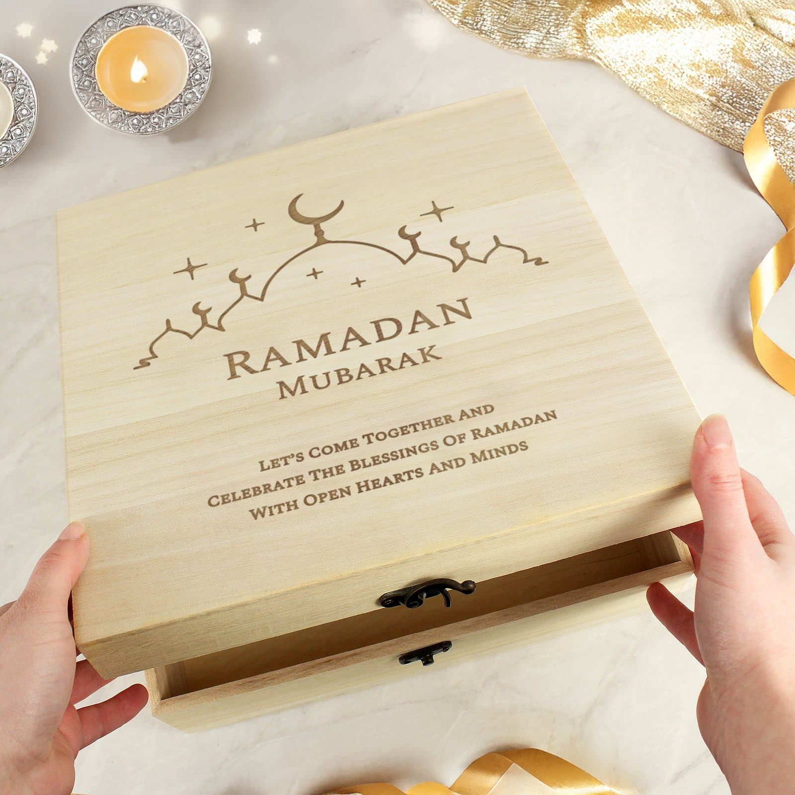 Large wooden keepsake box with a metal clasp and personalised Eid text