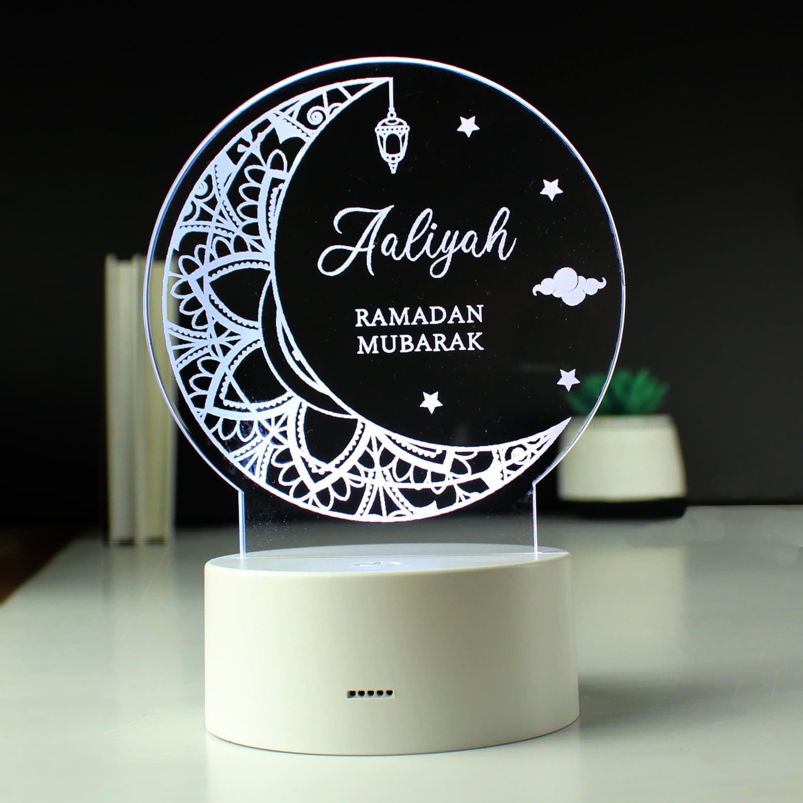 Colour changing acrylic Eid and Ramadan LED light with a personalised name