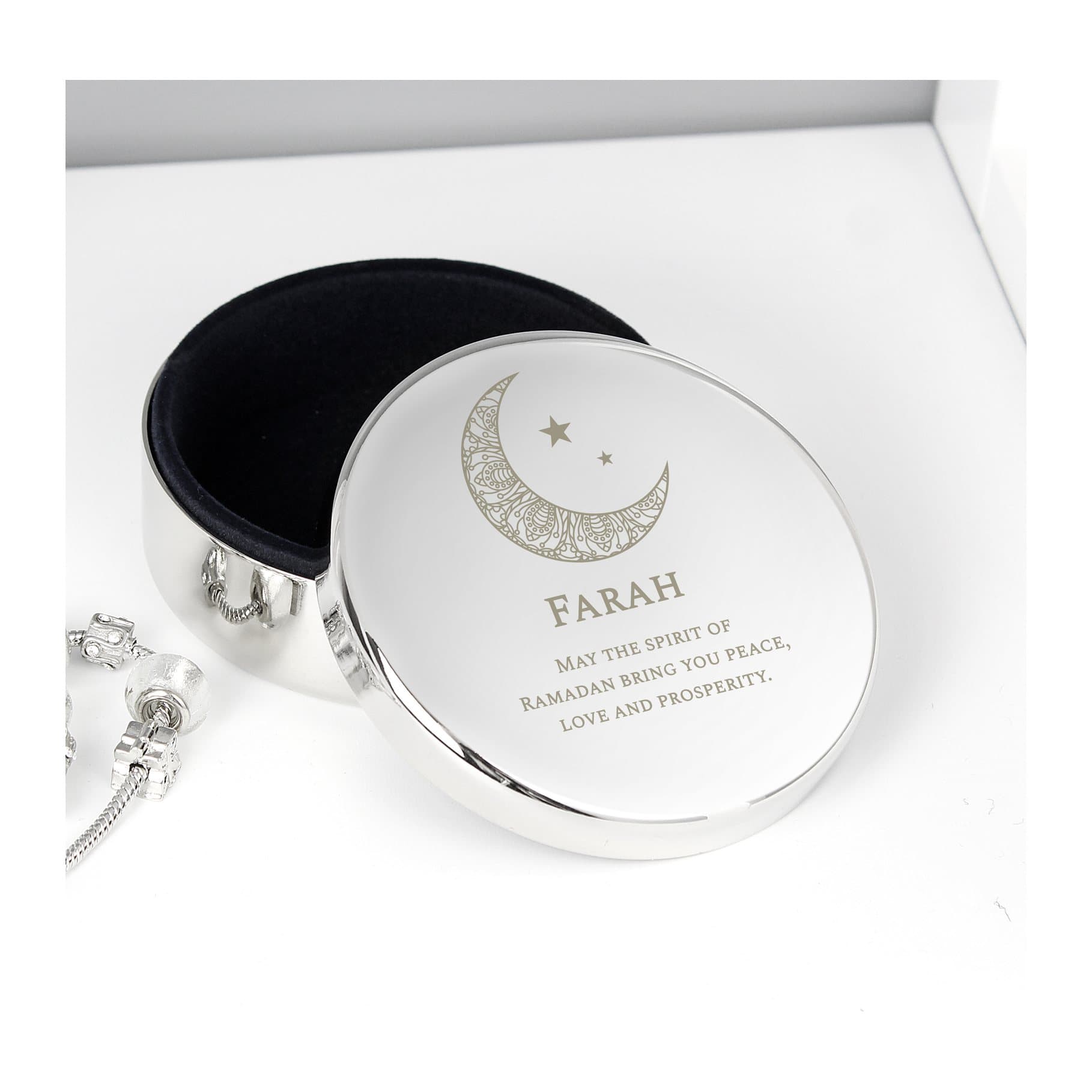 Round nickel plated trinket box for Eid and Ramadan with personalised text