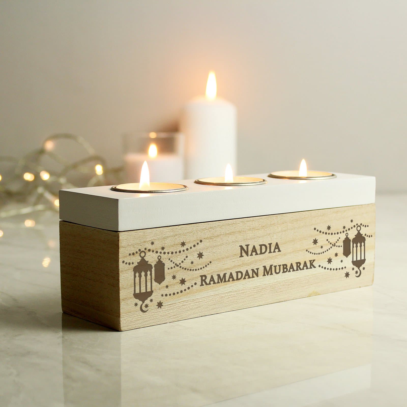 Wooden tea light box for Eid and Ramadan with two lines of personalised text