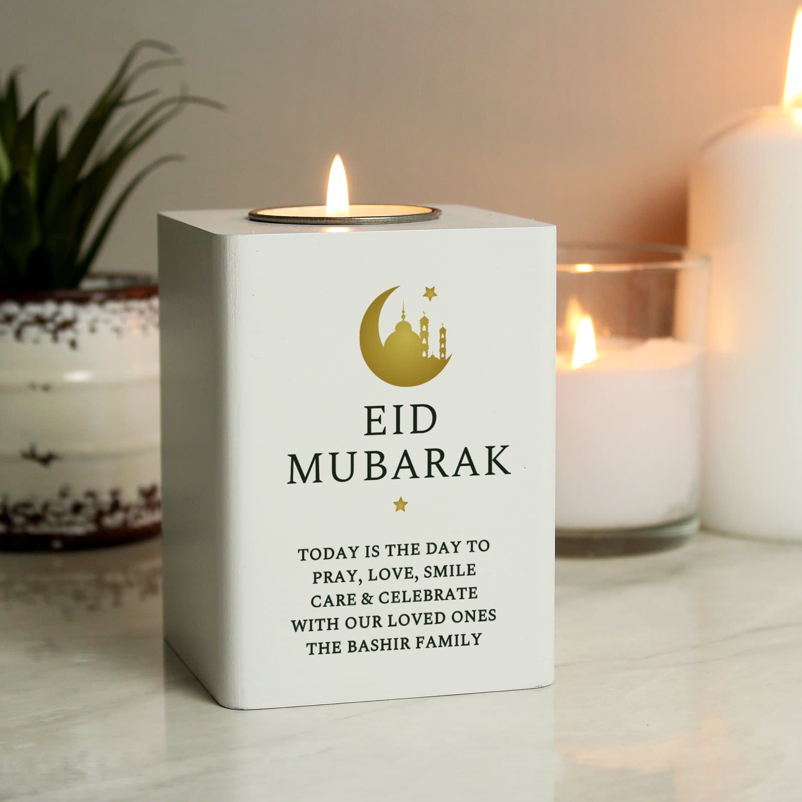 White wooden personalised Eid and Ramadan tea light holder with a metal case