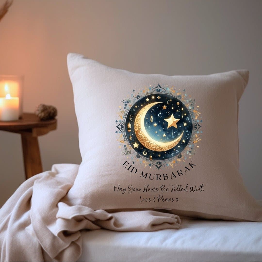 Personalised Eid Mubarak cushion in linen-look fabric