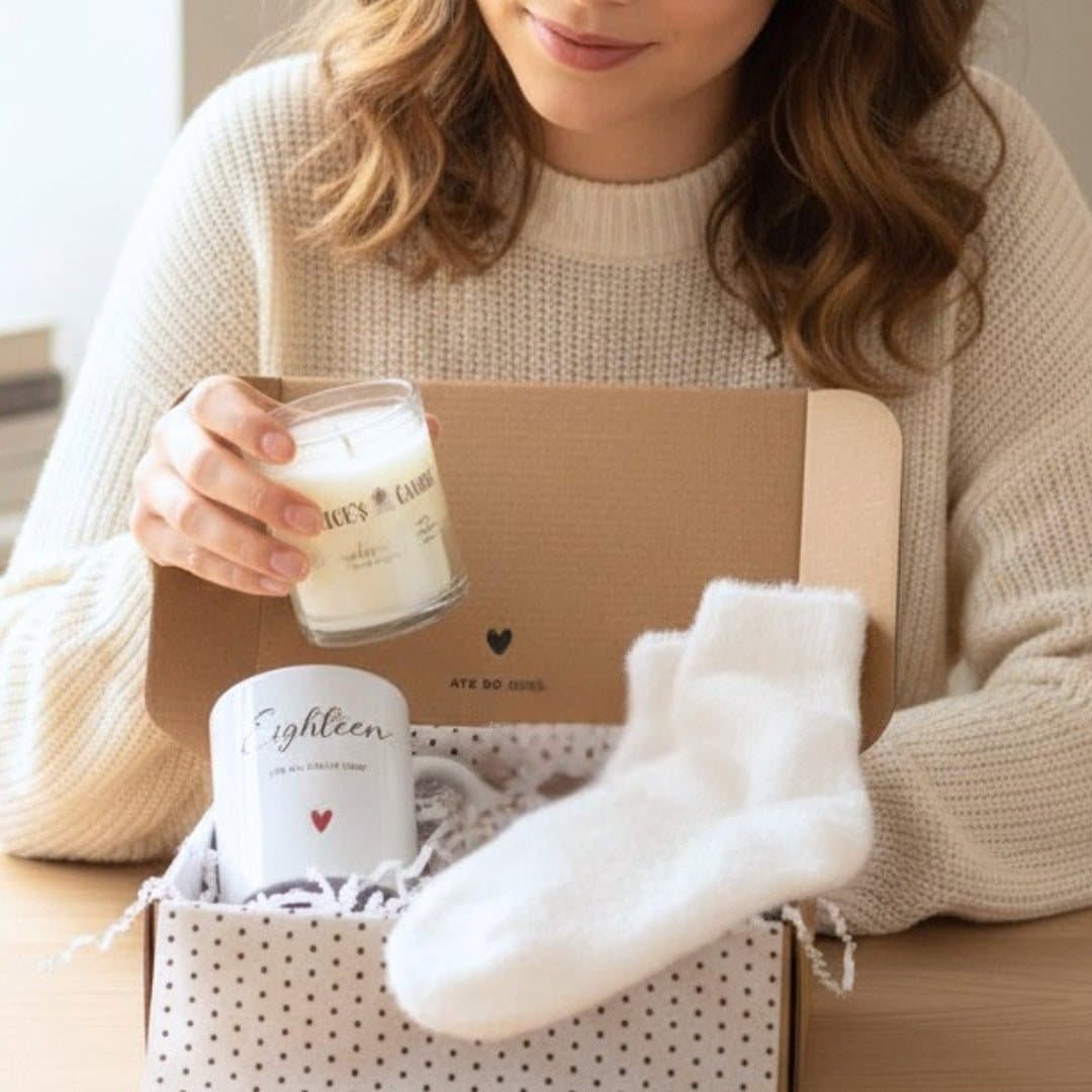Personalised 18th birthday mug, candle, socks and matches in a gift box