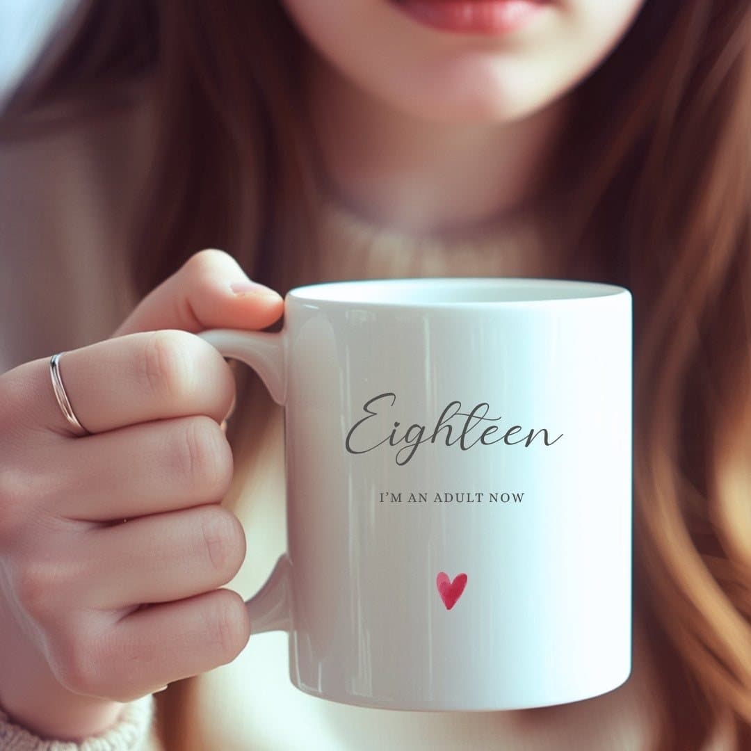 Personalised eighteen birthday ceramic mug with the eighteen birthday design