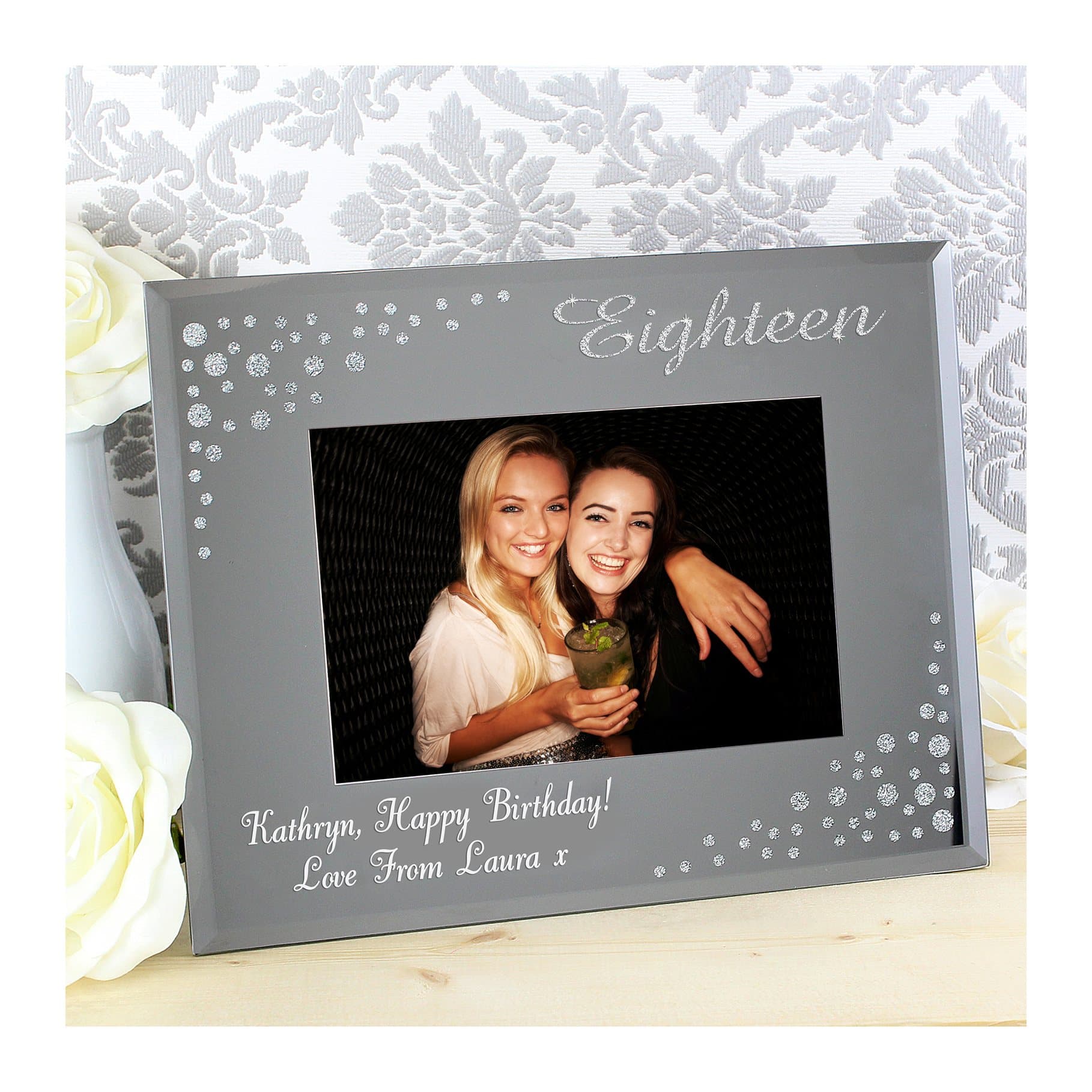 Diamante effect mirrored glass eighteen photo frame