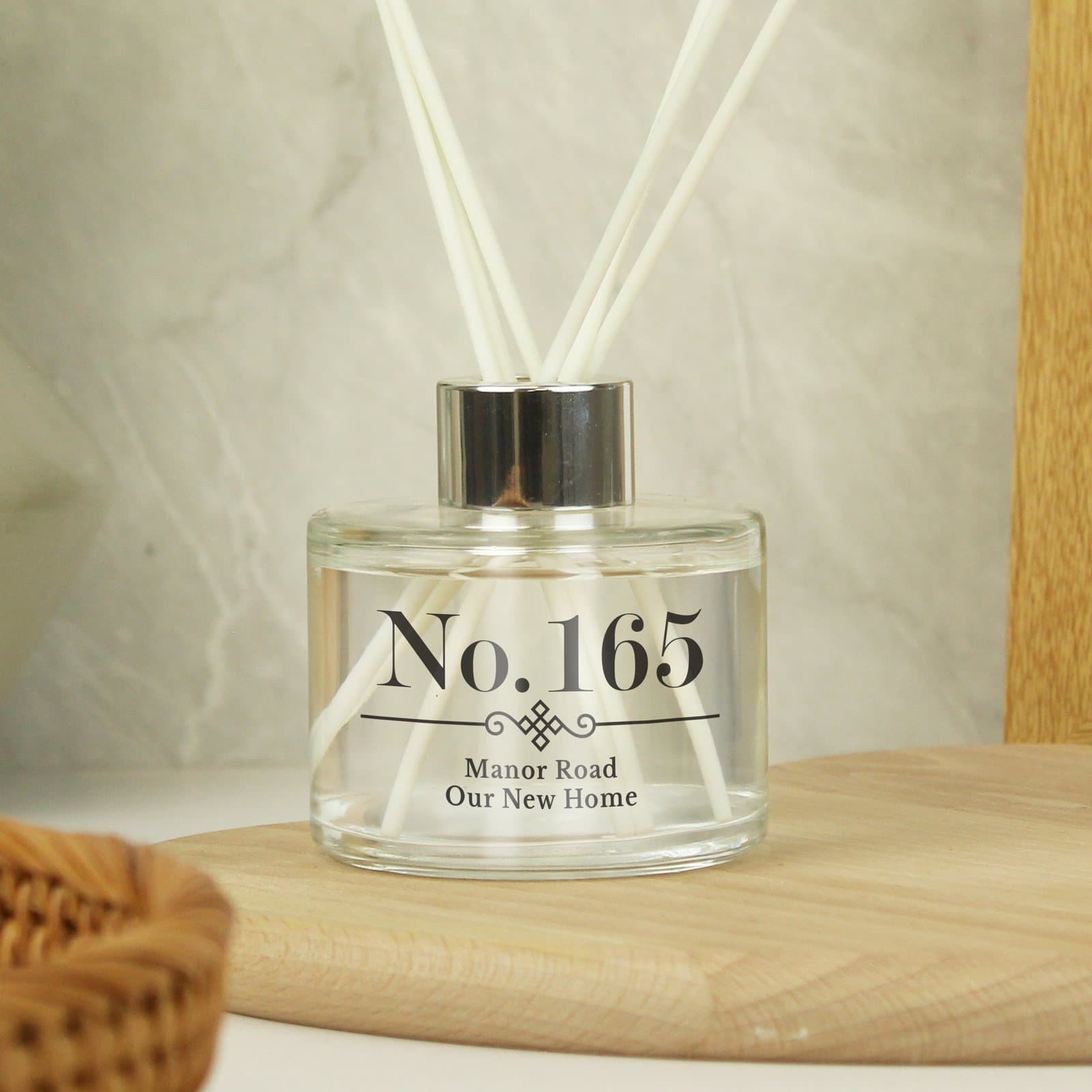 Personalised elegant diamond glass reed diffuser with three lines of text