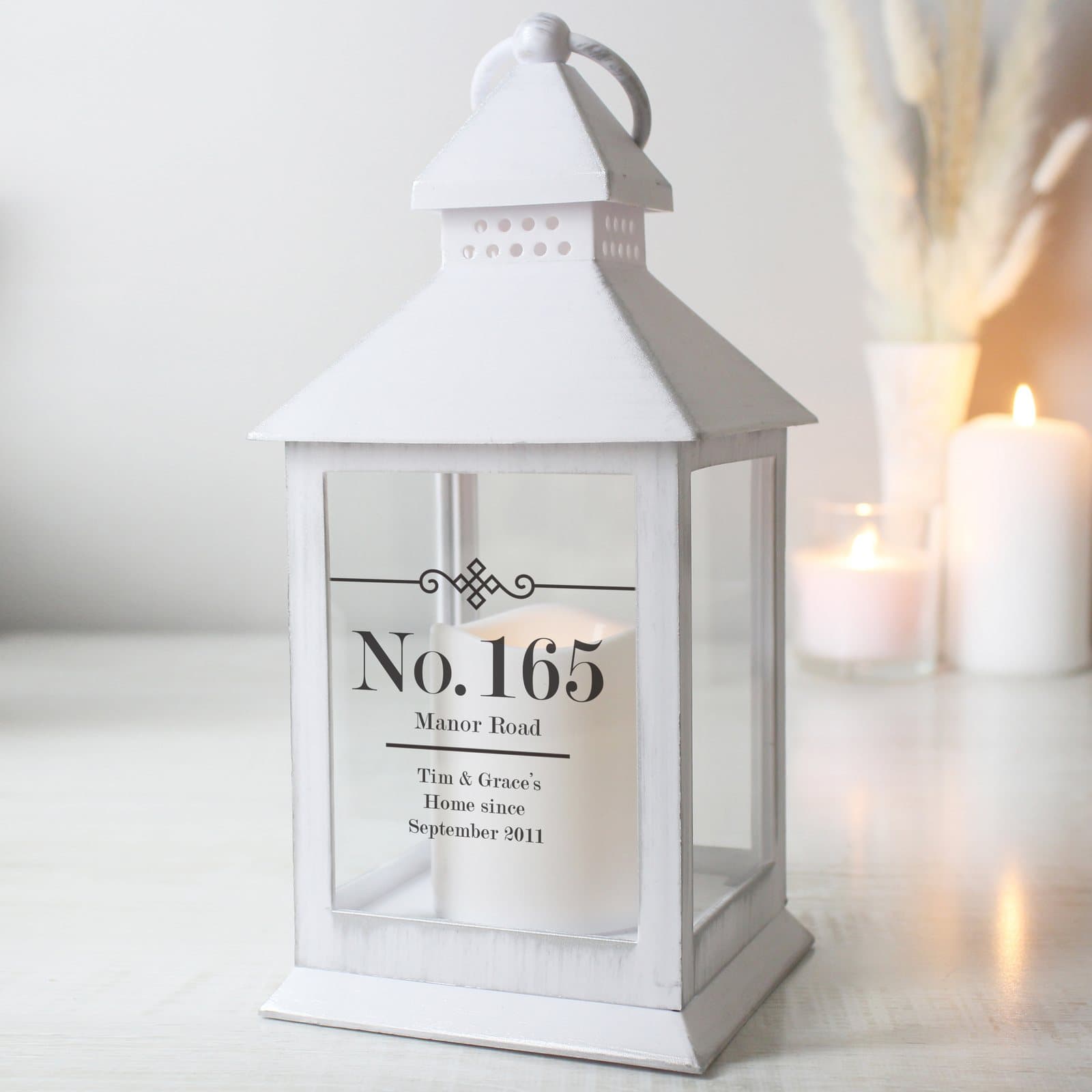 White personalised Elegant Diamond lantern with a flickering flame effect