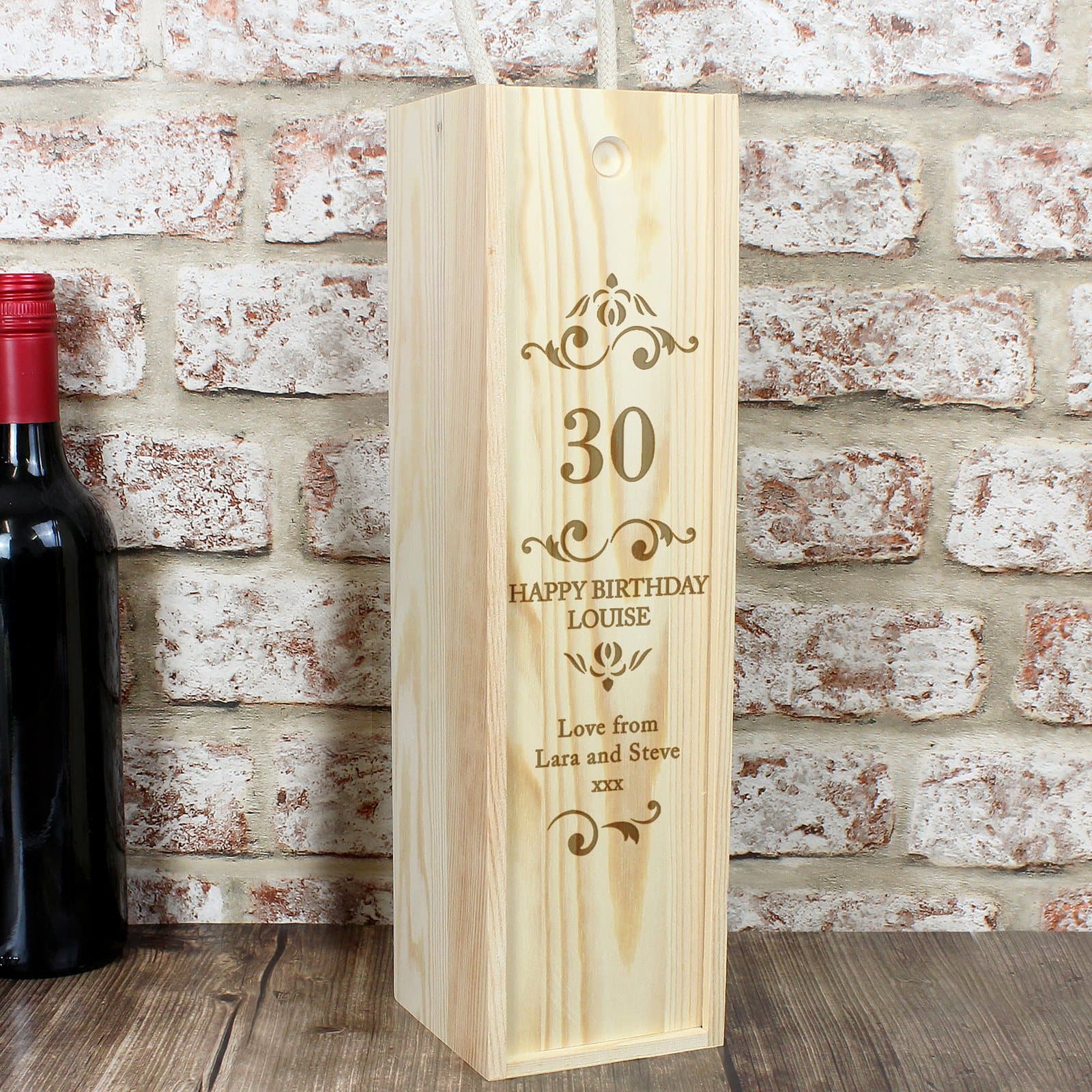 Wooden wine bottle box with a sliding front, string handle and personalised number