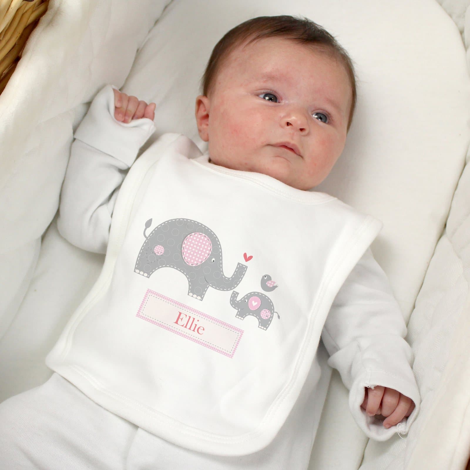 Personalised elephant baby bib in pink or blue