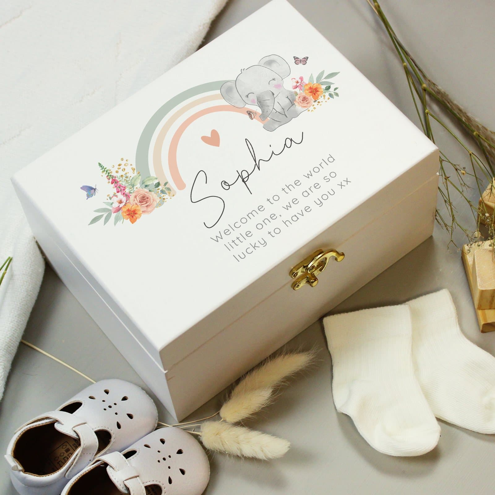 Hand painted elephant wooden keepsake box with metal clasp