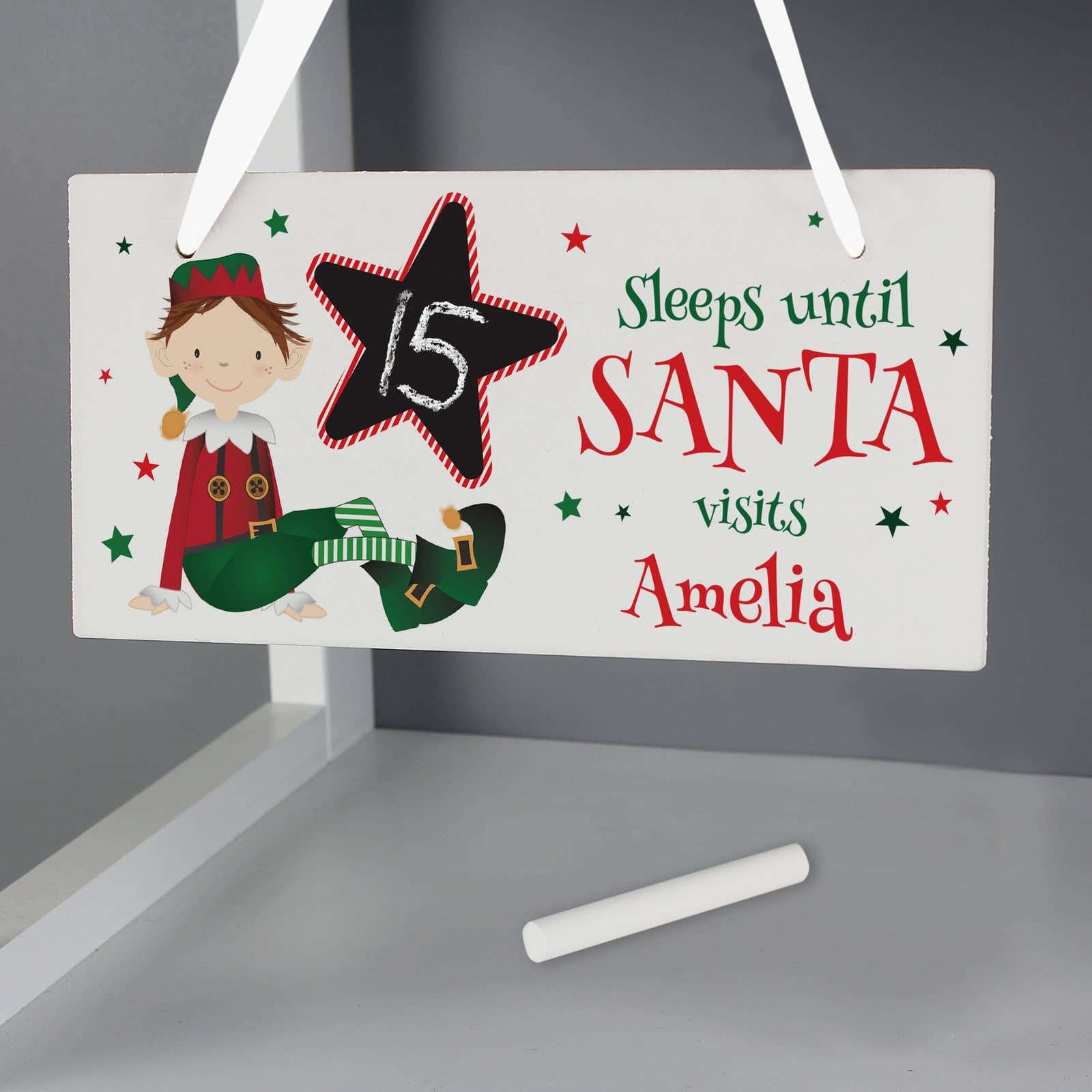 Wooden elf Christmas countdown sign with a chalkboard style star and personalised text